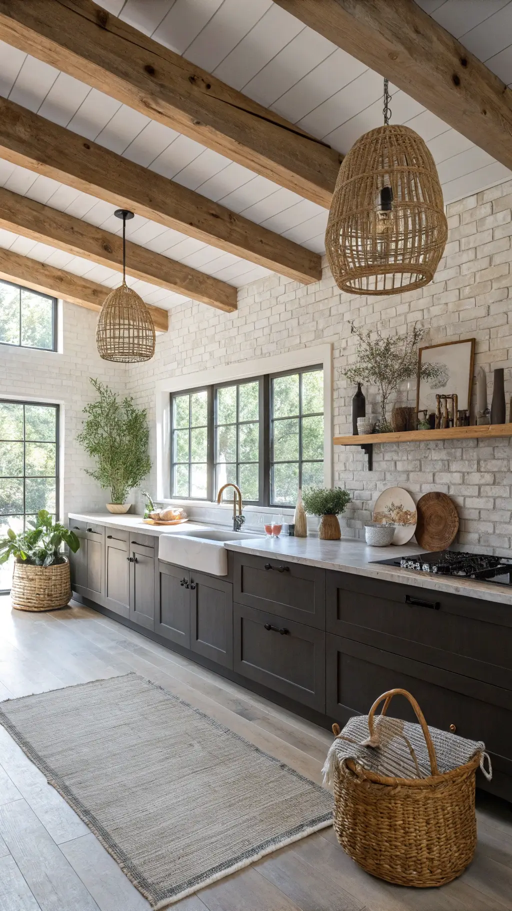 Bright Scandinavian fusion kitchen with dark oak cabinets, whitewashed brick walls, pale oak flooring, concrete countertops, and exposed wooden beams, seen from an overhead perspective.