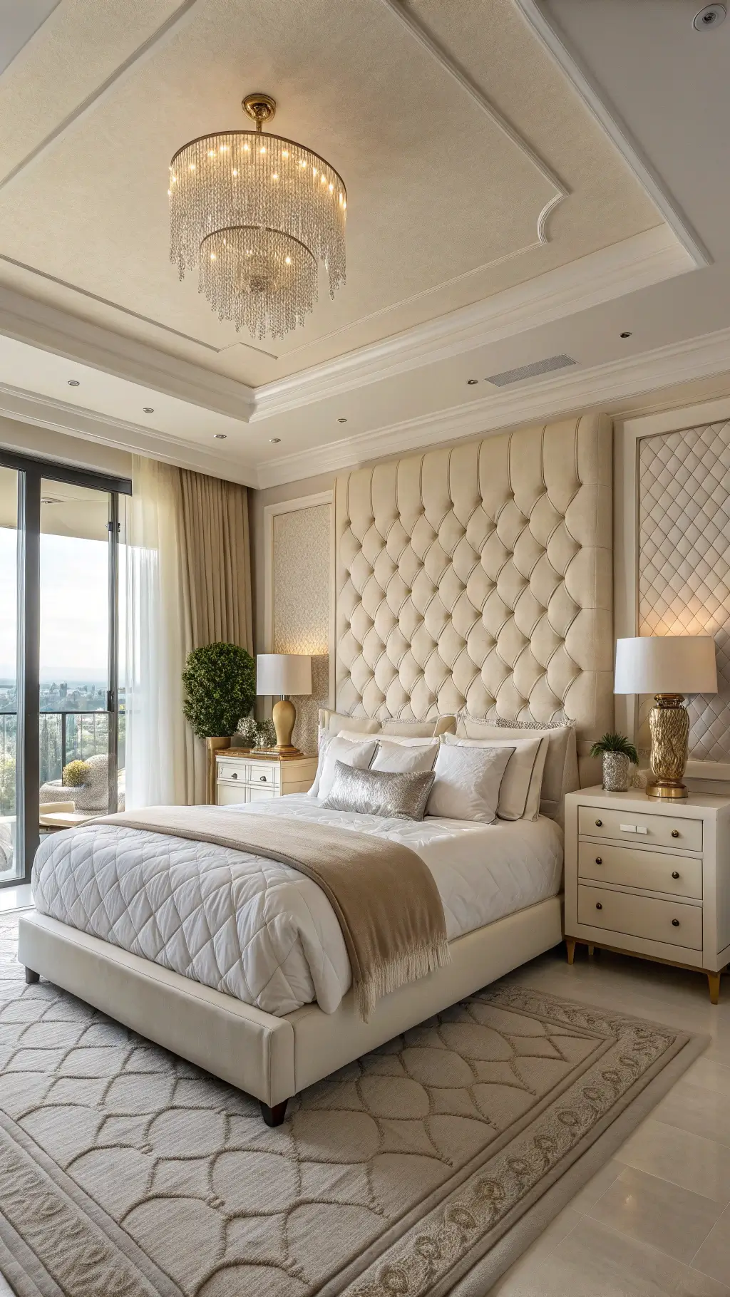 Luxury bedroom at dawn, featuring an oversized cream leather headboard, all-white textured bedding, ivory nightstands with alabaster lamps, and floor-to-ceiling mirrors creating a serene atmosphere.
