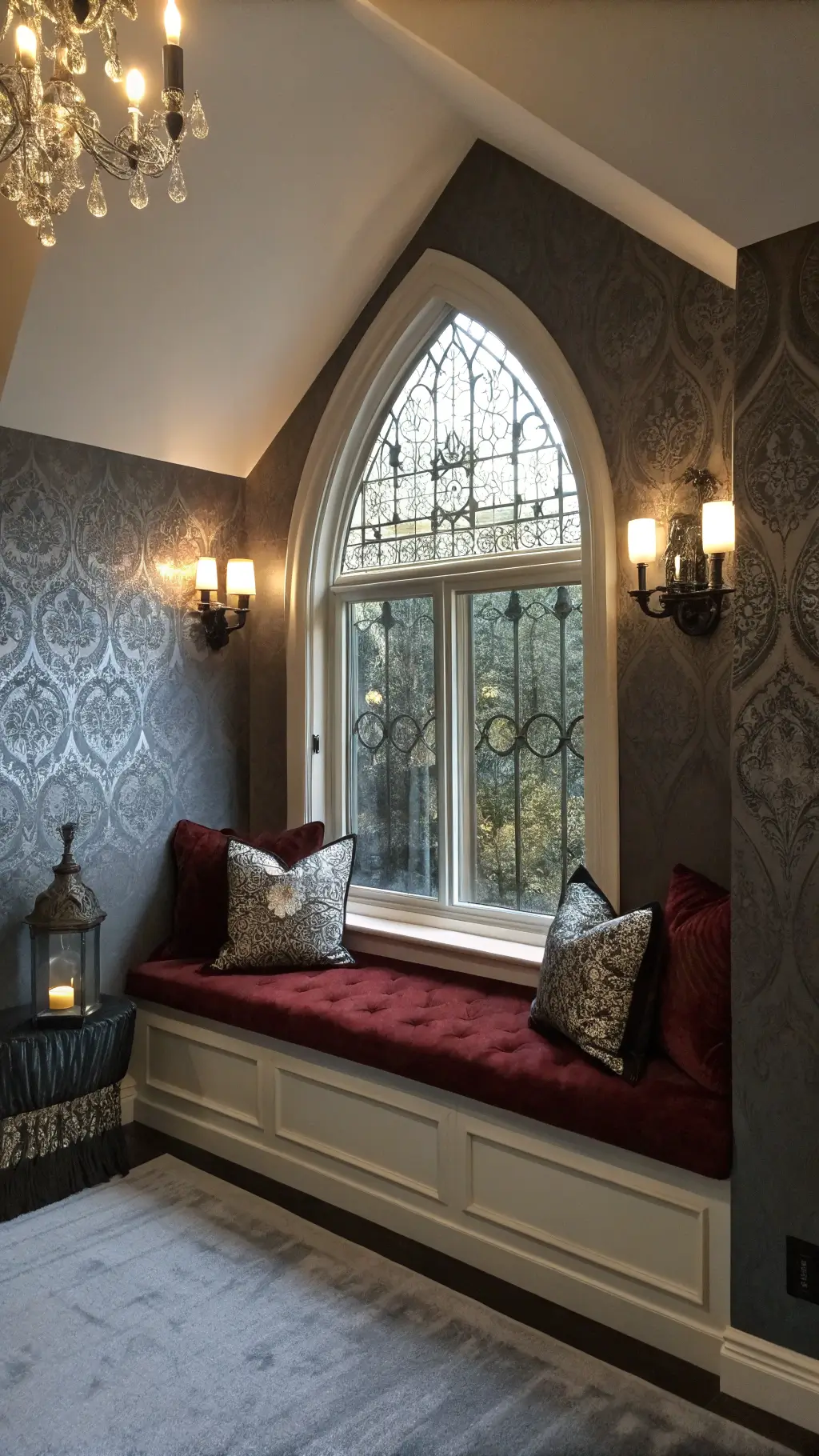 Luxurious master bedroom alcove at dusk with custom-built window seat, charcoal walls, silver damask wallpaper, plush velvet cushions, wrought iron sconces, and crystal decanter set on shelf