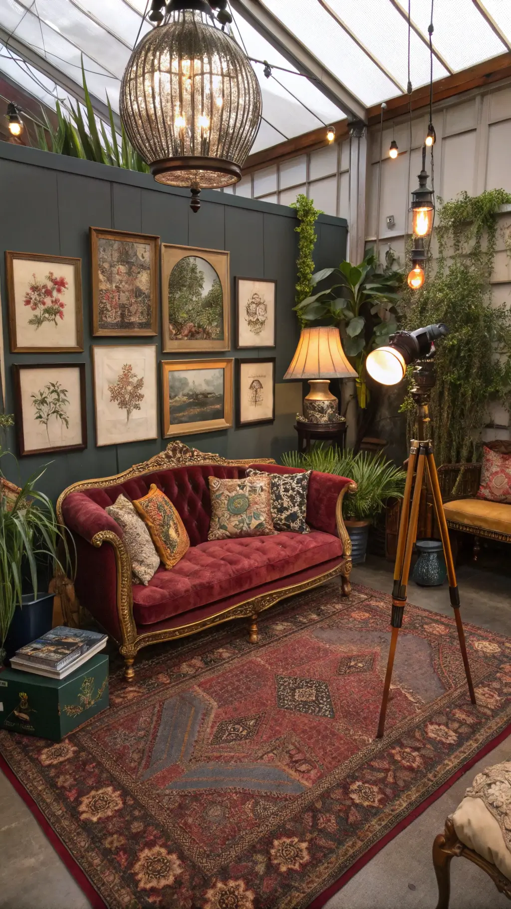 Bohemian vintage studio with layered Persian rugs, reupholstered Victorian settee, brass floor lamps with colorful shades, vintage botanical prints wall, antique easel with modern canvas and crystal prisms under moody natural and accent light.