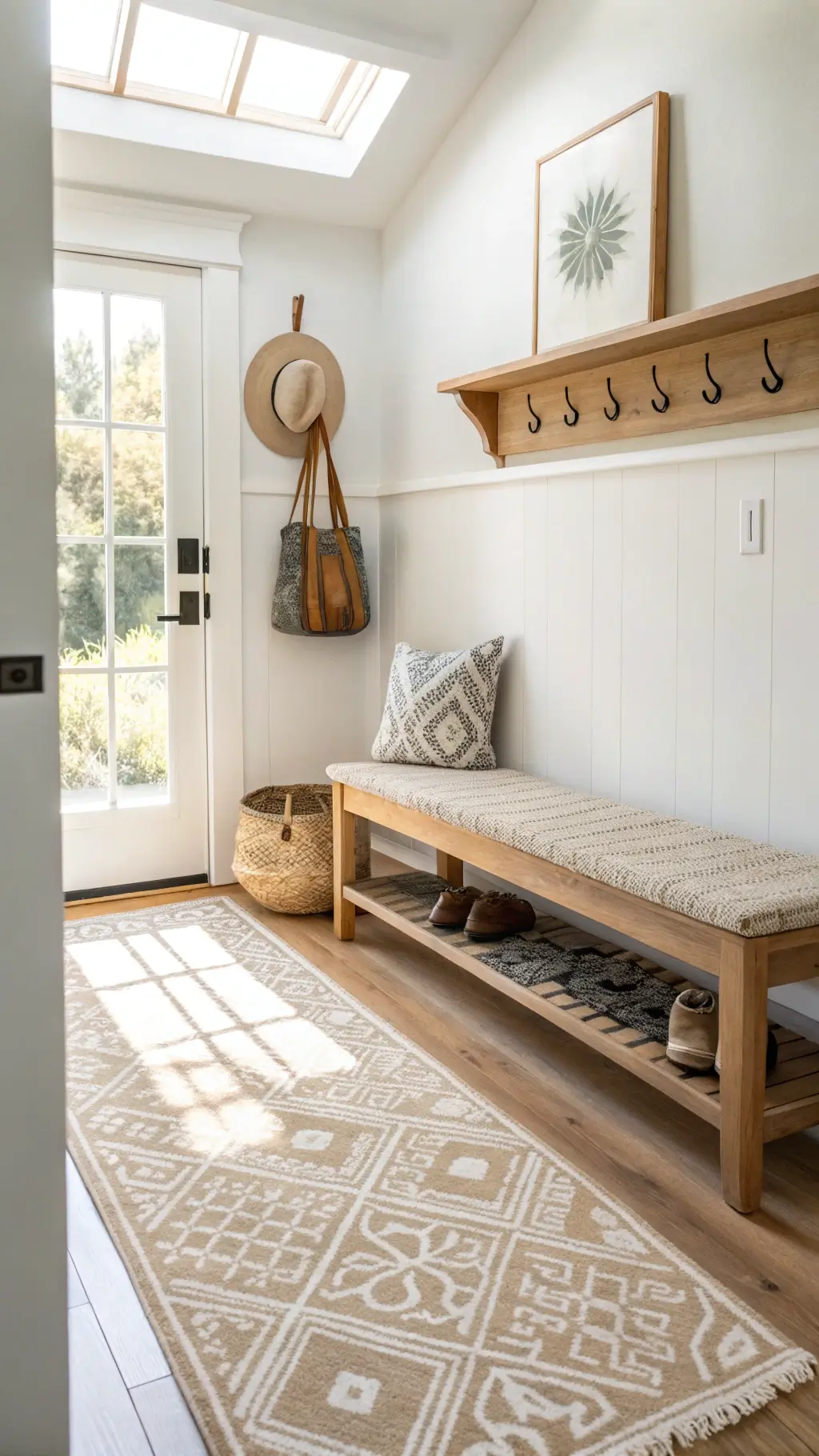 Bird's eye view of a minimalistic entryway featuring a hand-knotted wool runner, a wooden bench with a woven cushion, brass hooks holding a straw hat, a stone bowl for keys on a floating shelf, and minimalist artwork in a natural wood frame, all illuminated by morning light through a skylight.