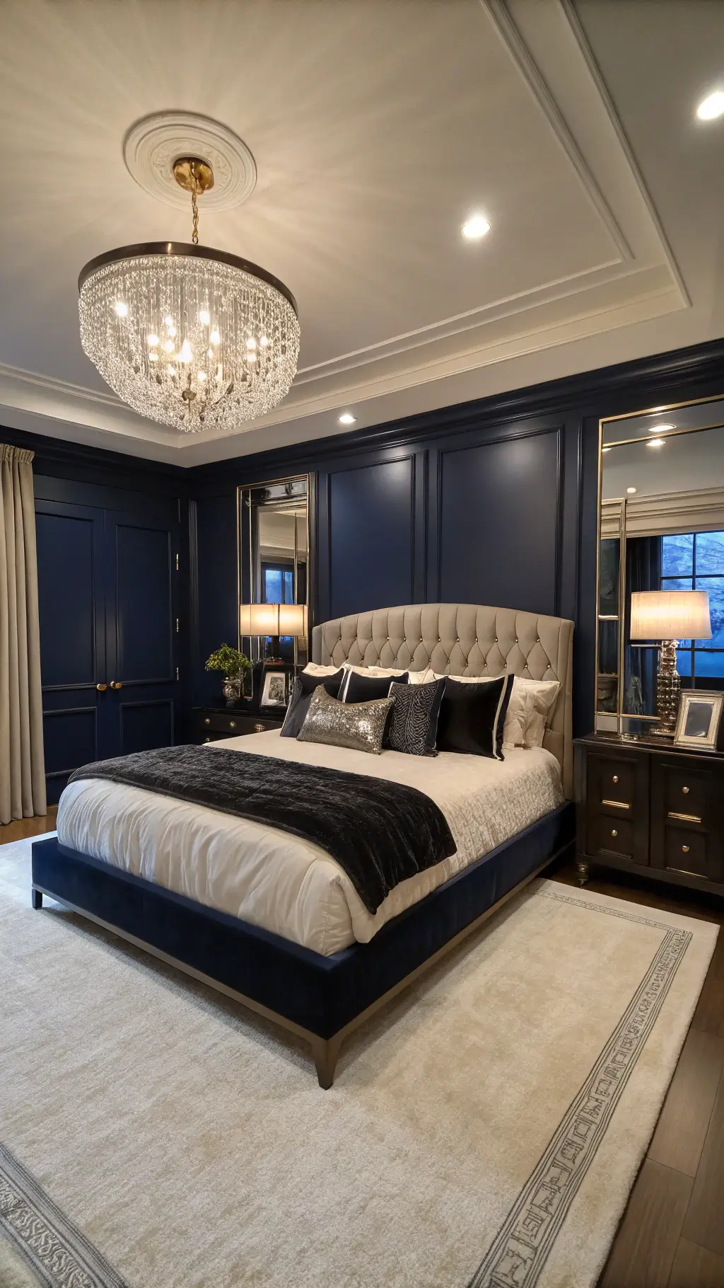 Sophisticated bedroom suite with midnight blue lacquered walls, art deco trim, platform bed on ivory wool carpet, modern crystal chandelier creating ceiling reflections, and floor-to-ceiling mirrors, shot at blue hour with mixed lighting.