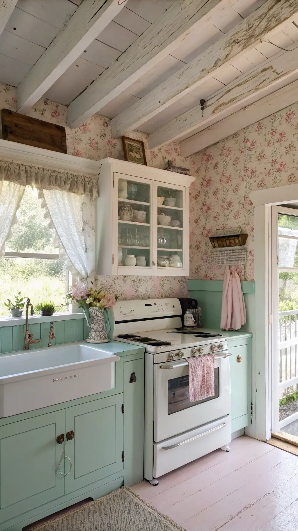 Charming shabby chic kitchen with white-washed ceiling beams, pink walls, distressed white cabinets, floral wallpaper accent behind a vintage mint-green stove, open shelving with milk glass collection, and ruffled curtains with a garden view, captured from slightly above in dreamy morning light.