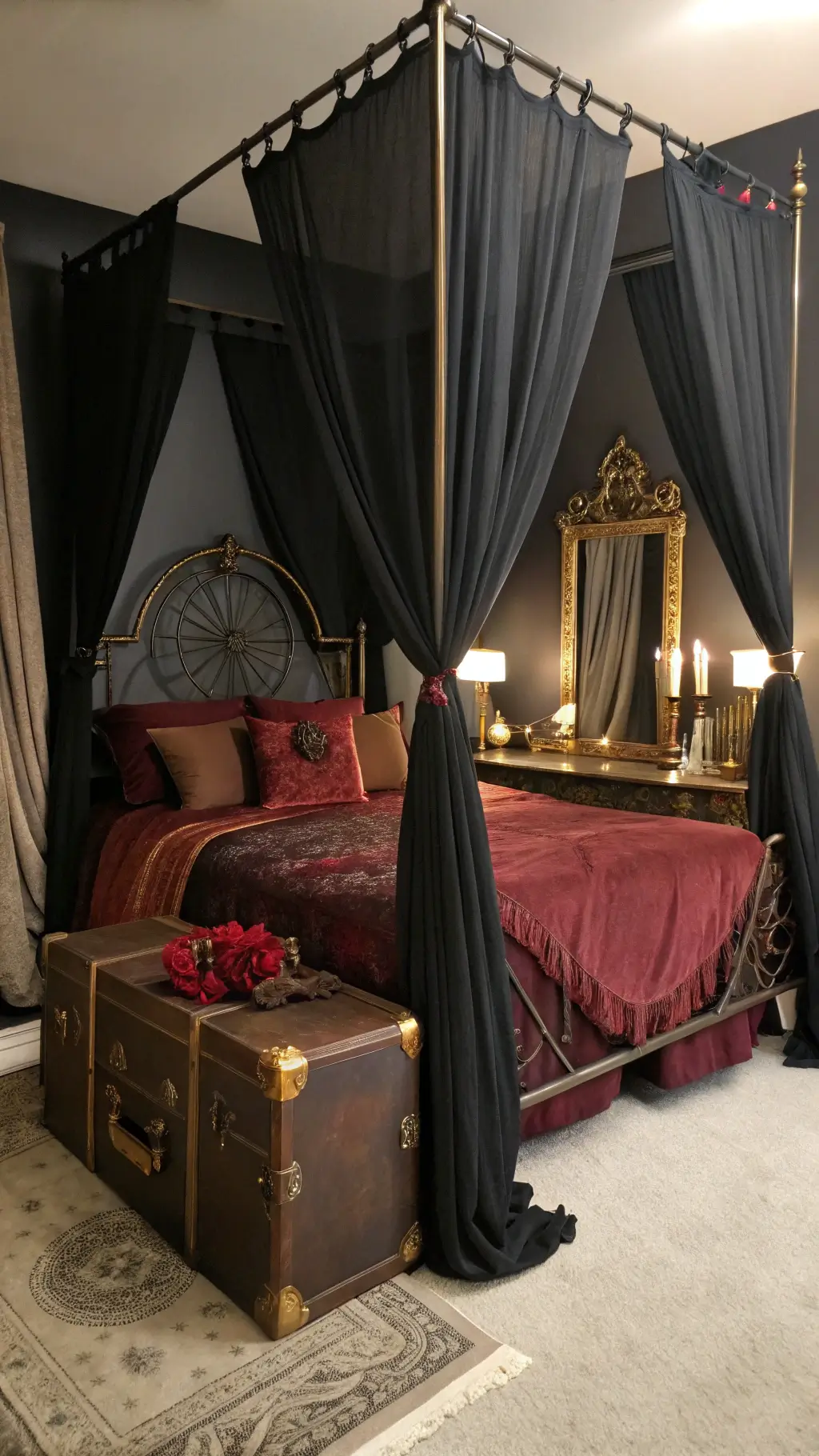 Dramatic pre-dawn bedroom scene featuring a grand canopy bed with sheer black fabric drapes, antique brass frame, deep copper and burgundy bedding, a vintage trunk holding dried roses and a gothic-arched mirror reflecting cool morning light.