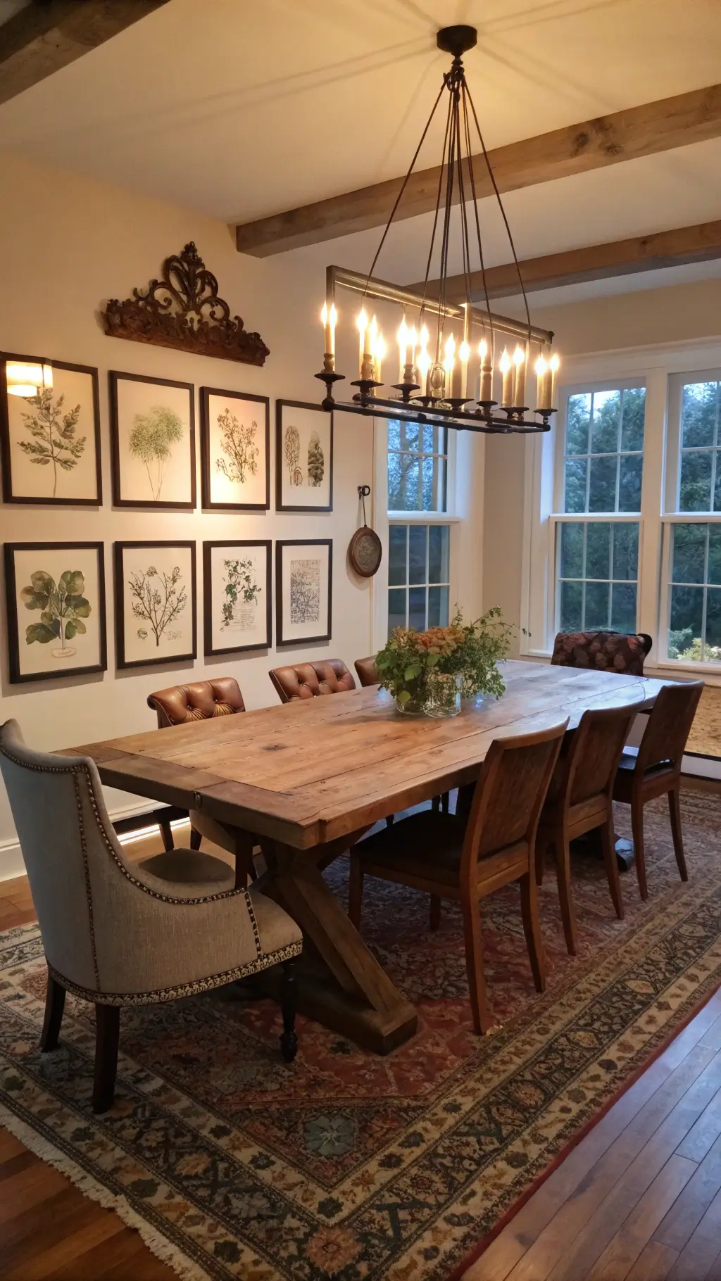 Bird's eye view of a warm and inviting open-concept dining space, featuring a large reclaimed trestle table surrounded by a mix of leather and windsor chairs, a wrought iron chandelier with Edison bulbs, a gallery wall with vintage botanical prints in brass frames, and antique Persian runner placed over a jute rug, illuminated by ambient lighting with a focused table illumination and natural dusk lighting through windows.