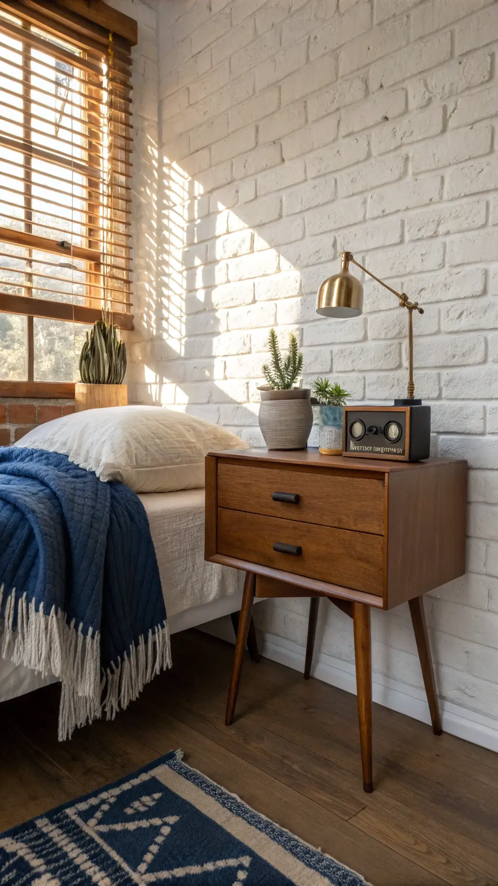 Vintage styled bedroom corner with 1960s Lane nightstand, indigo throw, brass sconce, vintage radio, and a small succulent, illuminated by late afternoon light through bamboo blinds.