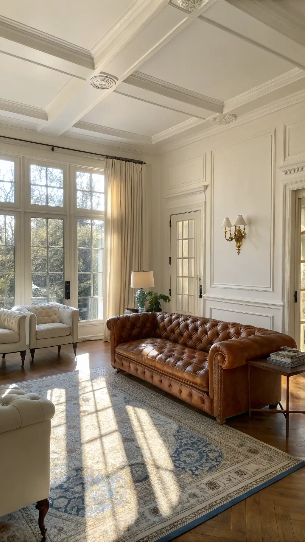 Sunlit, spacious living room with high ceilings, classic Chesterfield sofa, ivory linen club chairs, walnut side tables, and vintage Persian rug, during golden hour.