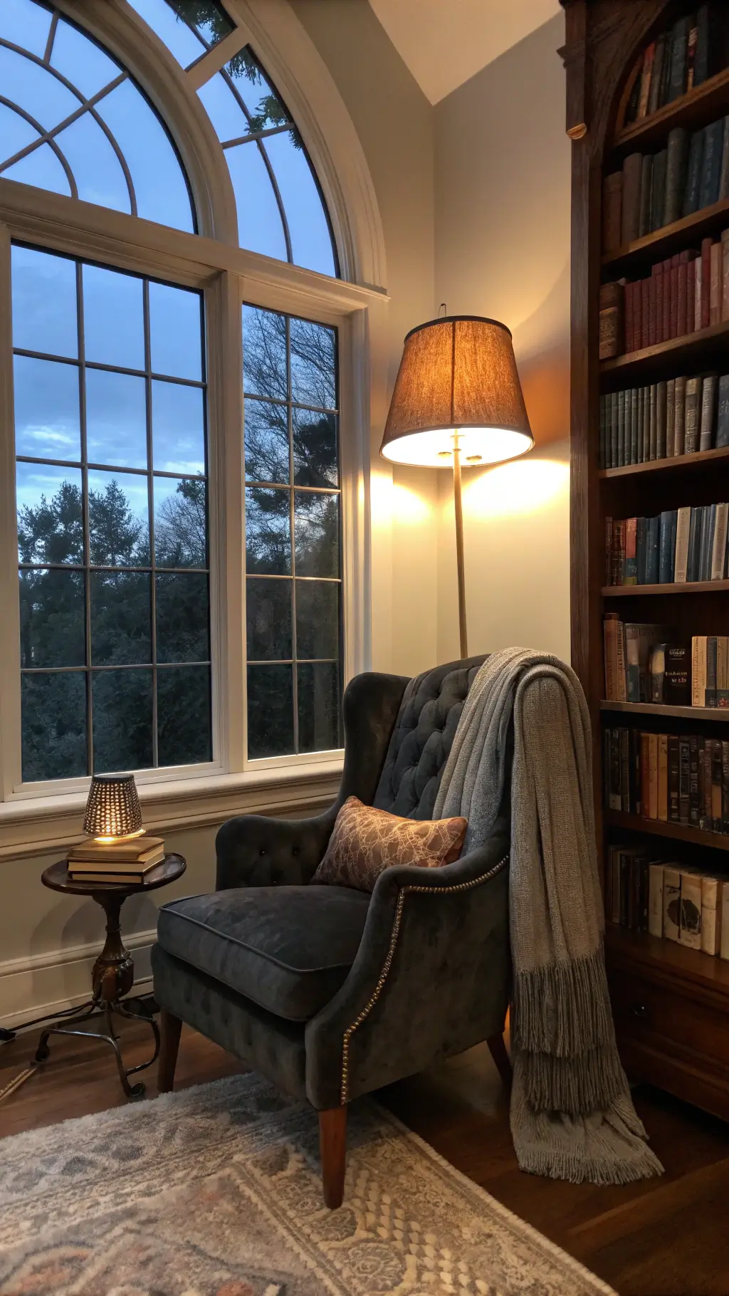 Cozy reading nook at dusk featuring a charcoal velvet wingback chair, brass floor lamp, and built-in oak bookshelves filled with leather-bound books and curated objects, captured from a low-angle shot.
