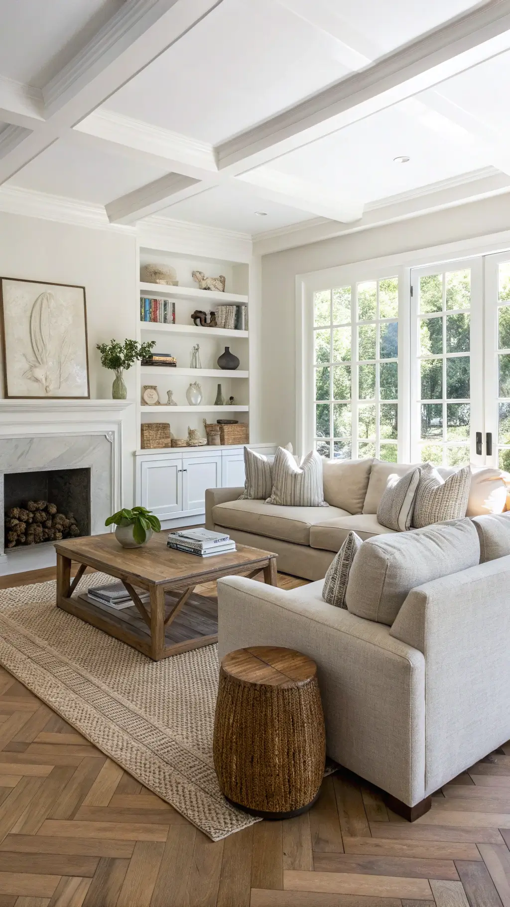 Bright and airy 16x20ft living room with herringbone hardwood floors, oatmeal linen sectional, rattan accent chairs, a sizable weathered oak coffee table, and floating white oak shelves with ceramics and art books.