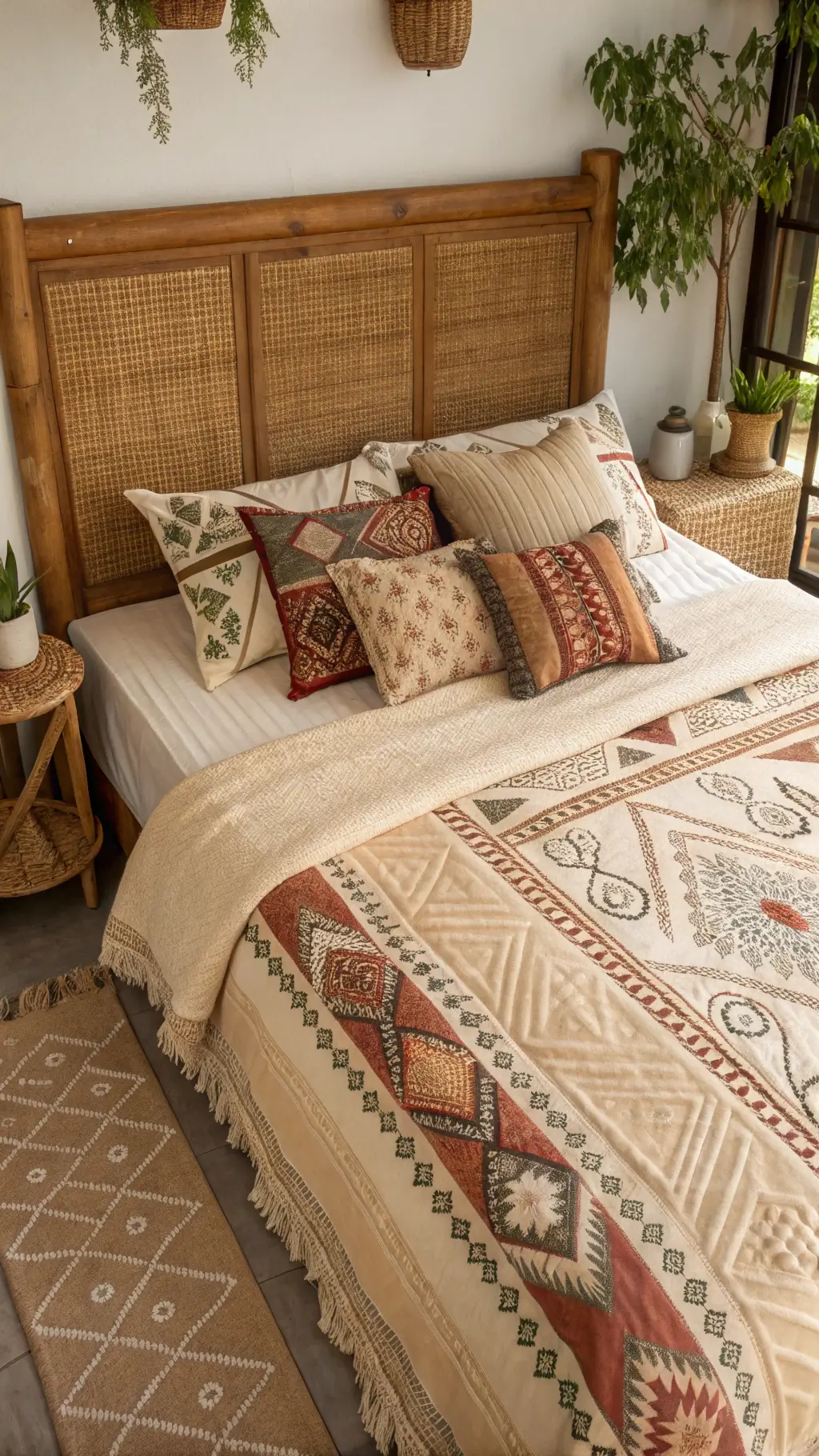 Aerial view of a queen bed with vintage, earth-toned handwoven coverlet, assorted embroidered and macramé pillows, Indian block print throws, and a rattan headboard.