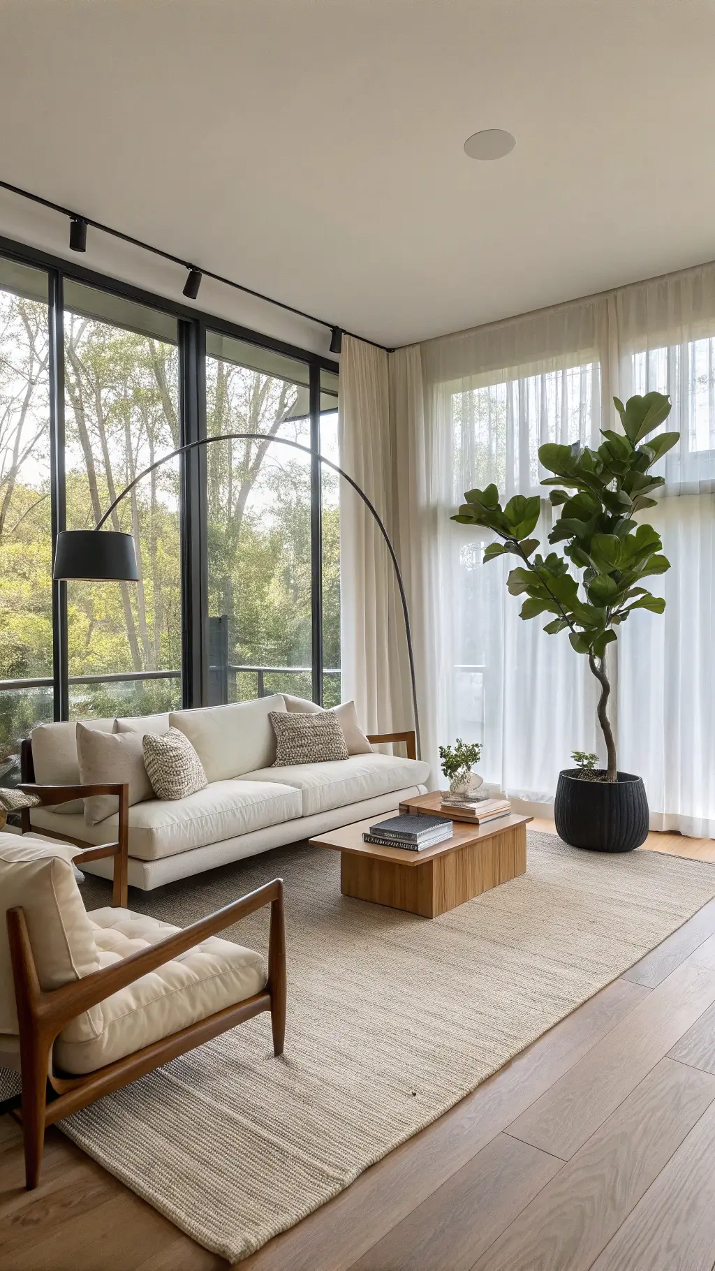 Spacious and serene living room with floor-to-ceiling windows, oak platform sofa, walnut accent chairs, beige jute rug, and minimalist black coffee table, highlighted by morning sunlight.