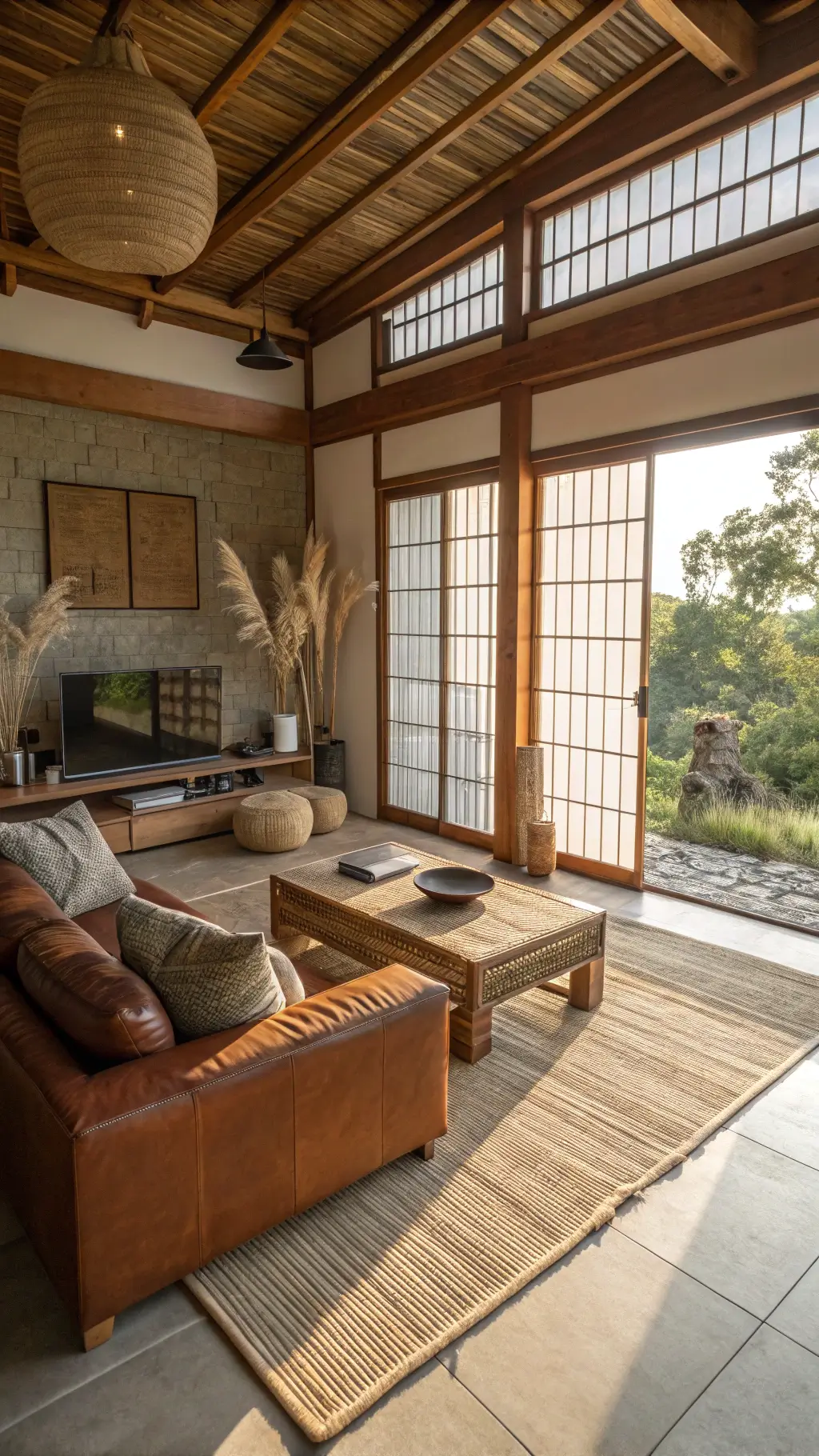 Late afternoon sun filtering through rice paper screens in a minimalist living space with exposed wooden beams, a brown leather sofa, ash wood shelves, bamboo floor cushions around a stone coffee table, ceramic vases with dried pampas grass, and a tatami mat in a meditation corner.