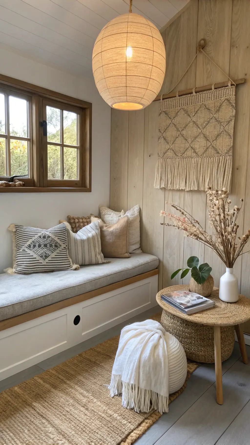 Cozy 12x15ft reading nook lit by paper lantern pendant, featuring a bleached oak bench with minimal oatmeal wool cushions, a handcrafted ceramic side table with a bud vase, a woven grass wall hanging, and linen floor pillows in neutral tones.