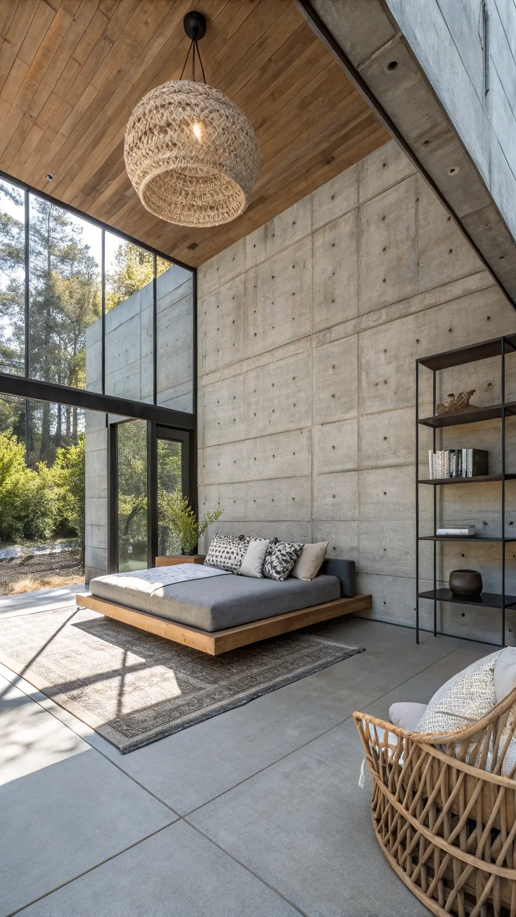 Sophisticated and calm 18x20ft corner space featuring a teak platform daybed, black metal shelving with ceramics, an oversized woven pendant light, a cream Mongolian wool throw, and a stunning architectural concrete accent wall