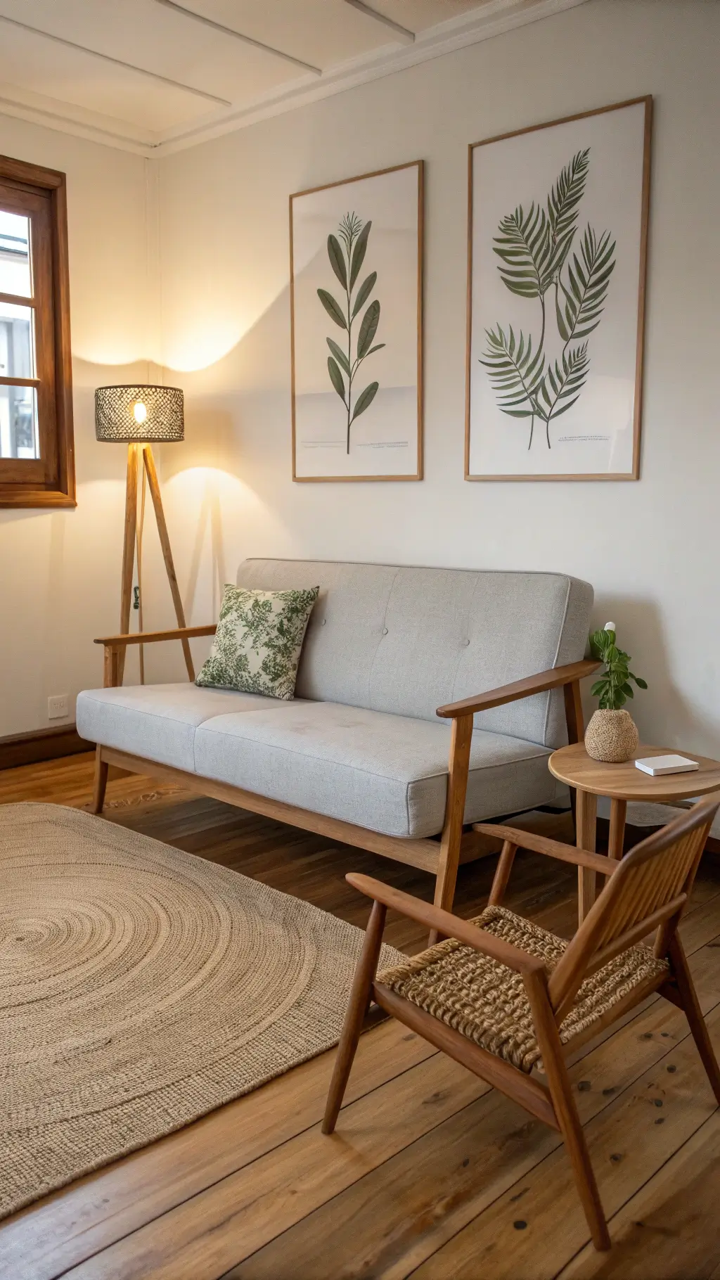Nordic-inspired living area featuring light grey wool slim-profile sofa, handcrafted rattan chair, walnut side table, large botanical art print, ambient paper floor lamp and a natural hemp rug over wooden floors at golden hour.