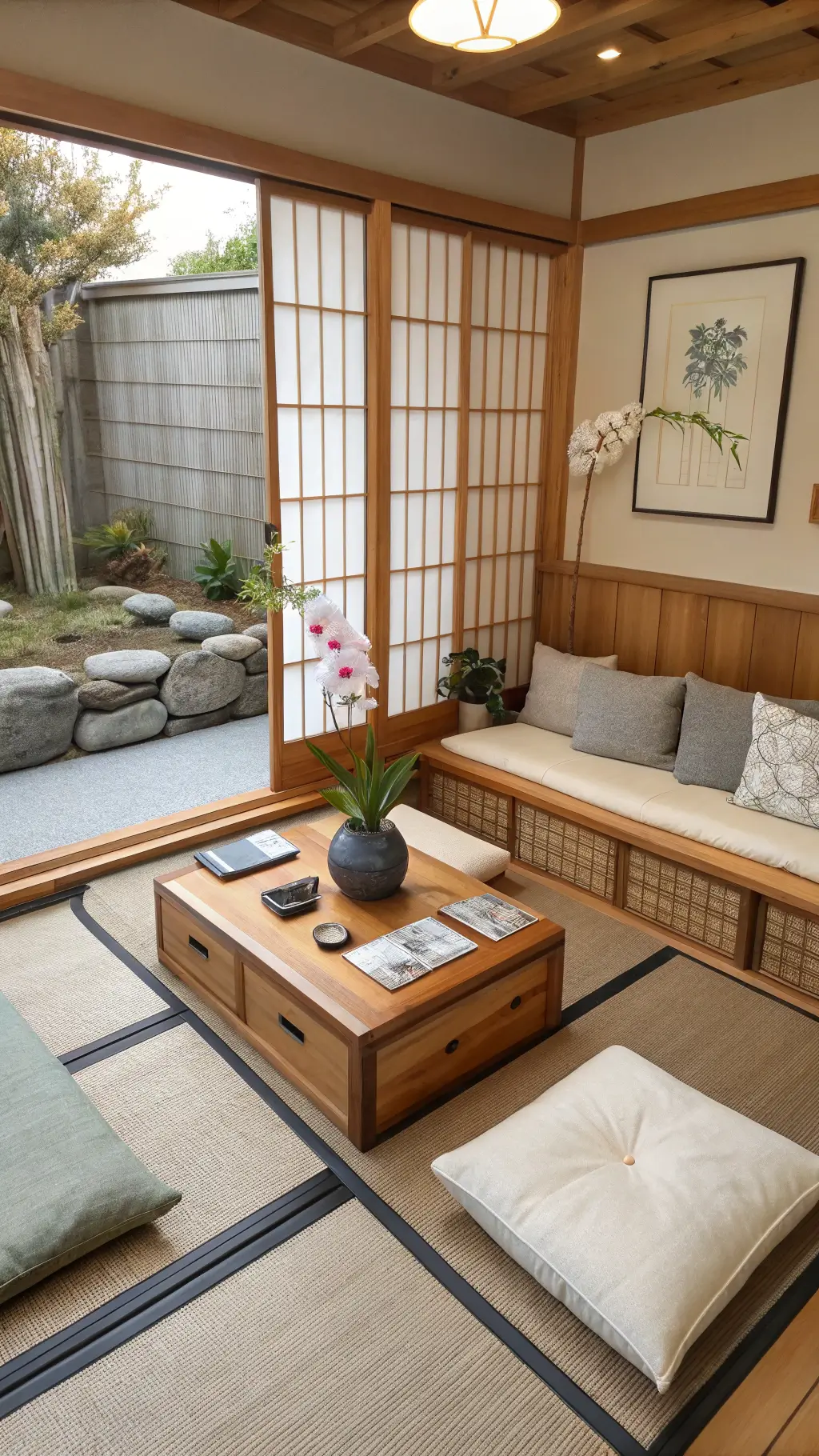 Aerial view of a compact 14x16ft zen-inspired space with sliding shoji screens, a wooden coffee table with storage, minimal floor seating with natural linen cushions, carved wooden room divider, and a single orchid in a ceramic pot in a palette of warm whites, pale woods and stone grey.