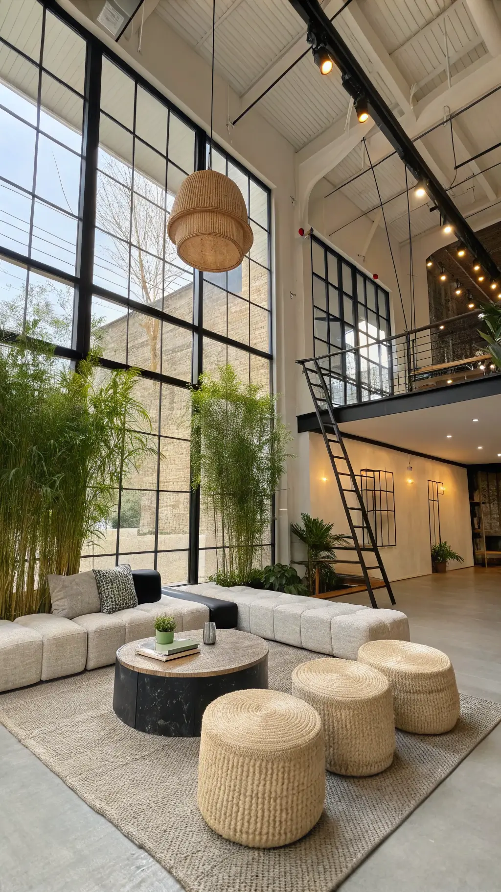 Elegant open-concept modern space featuring double-height windows, modular seating in textured bouclé fabric, a central stone coffee table, asymmetrical ceramic pendant lights, a black metal ladder shelf with minimal objects, and natural indoor bamboo plants as room divider, with color themes of warm neutrals, black accents, and green botanicals.