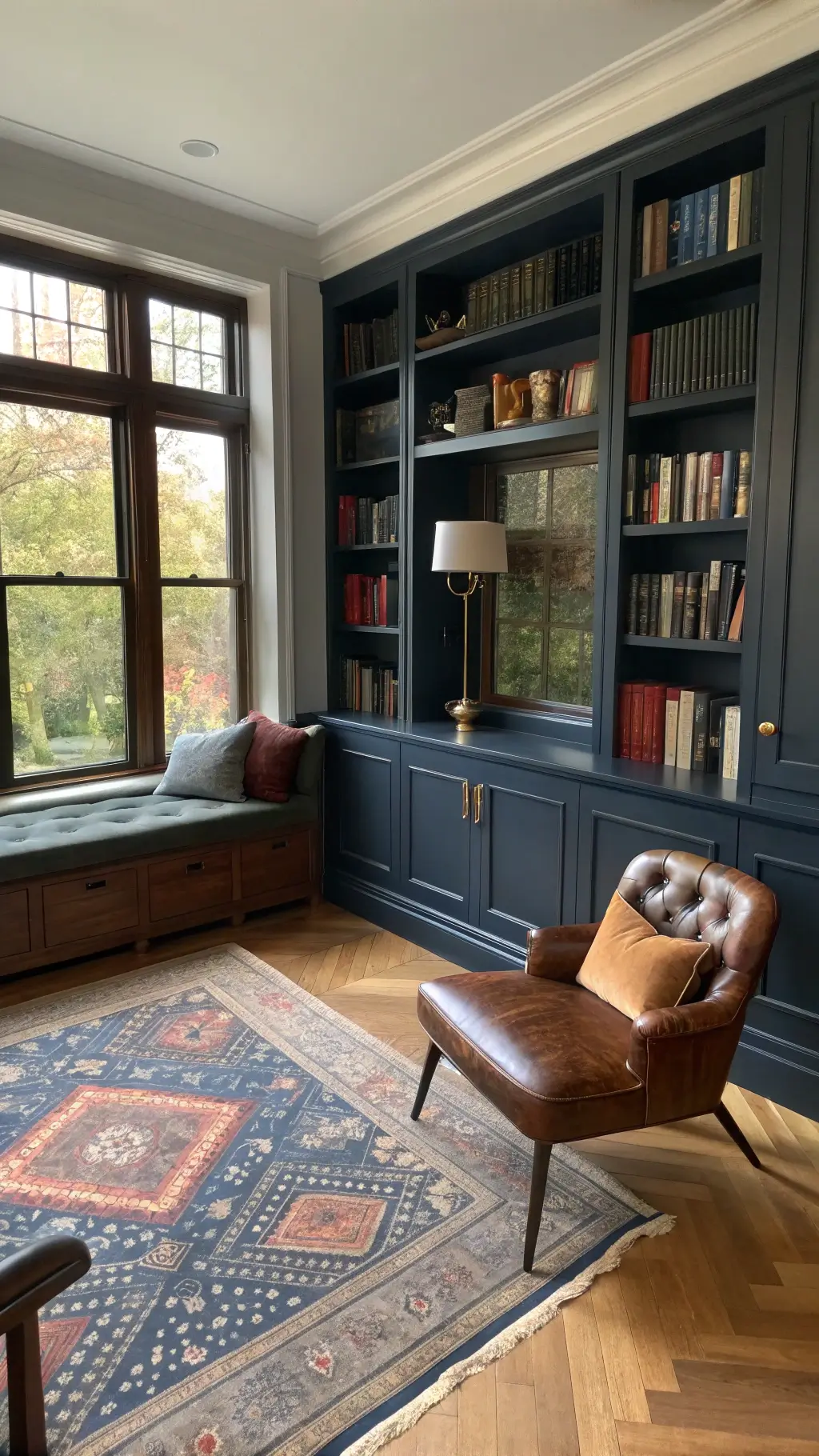 Victorian library with navy floor-to-ceiling bookcases, contemporary leather reading chair next to antique side table, restored window seat with modern cushions, parquet flooring with a vintage rug, shot from a high angle on a library ladder with dramatic afternoon shadows.