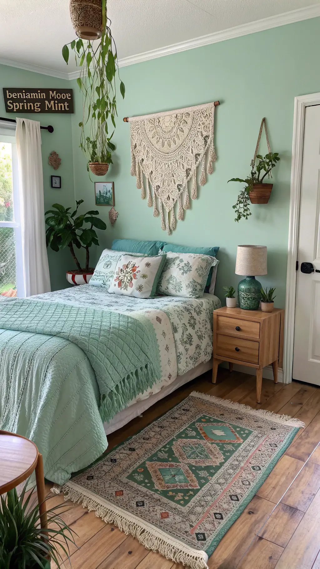 Bohemian-themed bedroom with mint green walls, macramé wall hanging, rattan headboard, layered bedding in jade and olive, hanging plants in ceramic planters, carved wooden side tables, and a Moroccan rug in cream and sage, naturally lit.