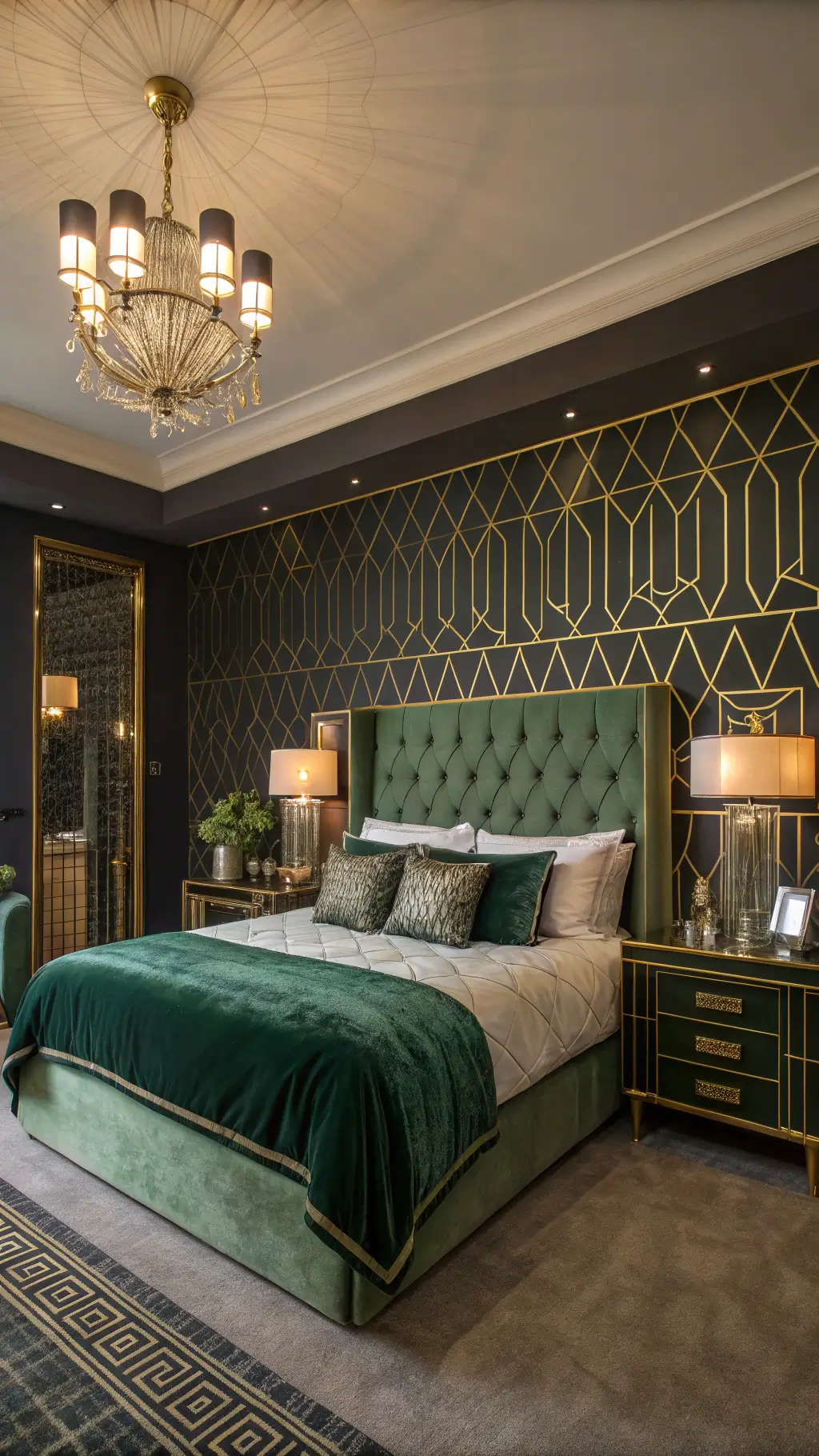 Art Deco master suite in twilight featuring deep olive velvet walls, king bed with emerald silk linens, crystal chandelier, mirrored nightstands and vintage brass bar cart with green glass decanters.