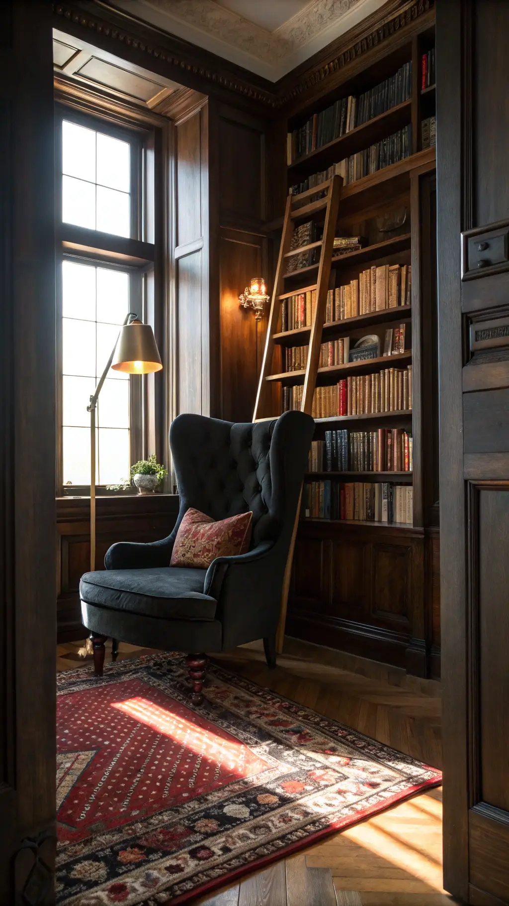 Victorian-style reading nook with black velvet chair, towering bookshelf with ladder, aged copper lamp, wooden floors and red Oriental rug, framed by carved corbels, illuminated by late afternoon light.