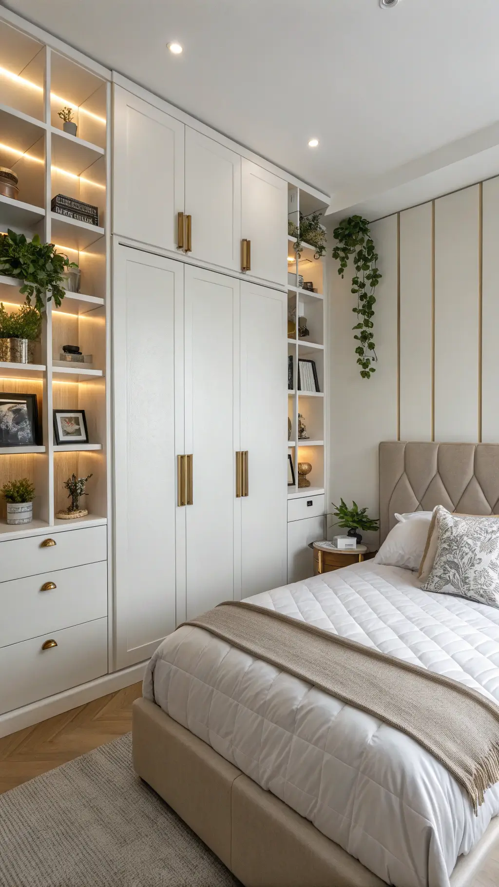 Sunlit 8x9ft compact bedroom with floor-to-ceiling white storage units, brass hardware, floating shelves adorned with plants and objects, queen bed with headboard storage in monochrome palette of warm whites and creams with leather accents, showing the use of vertical space.
