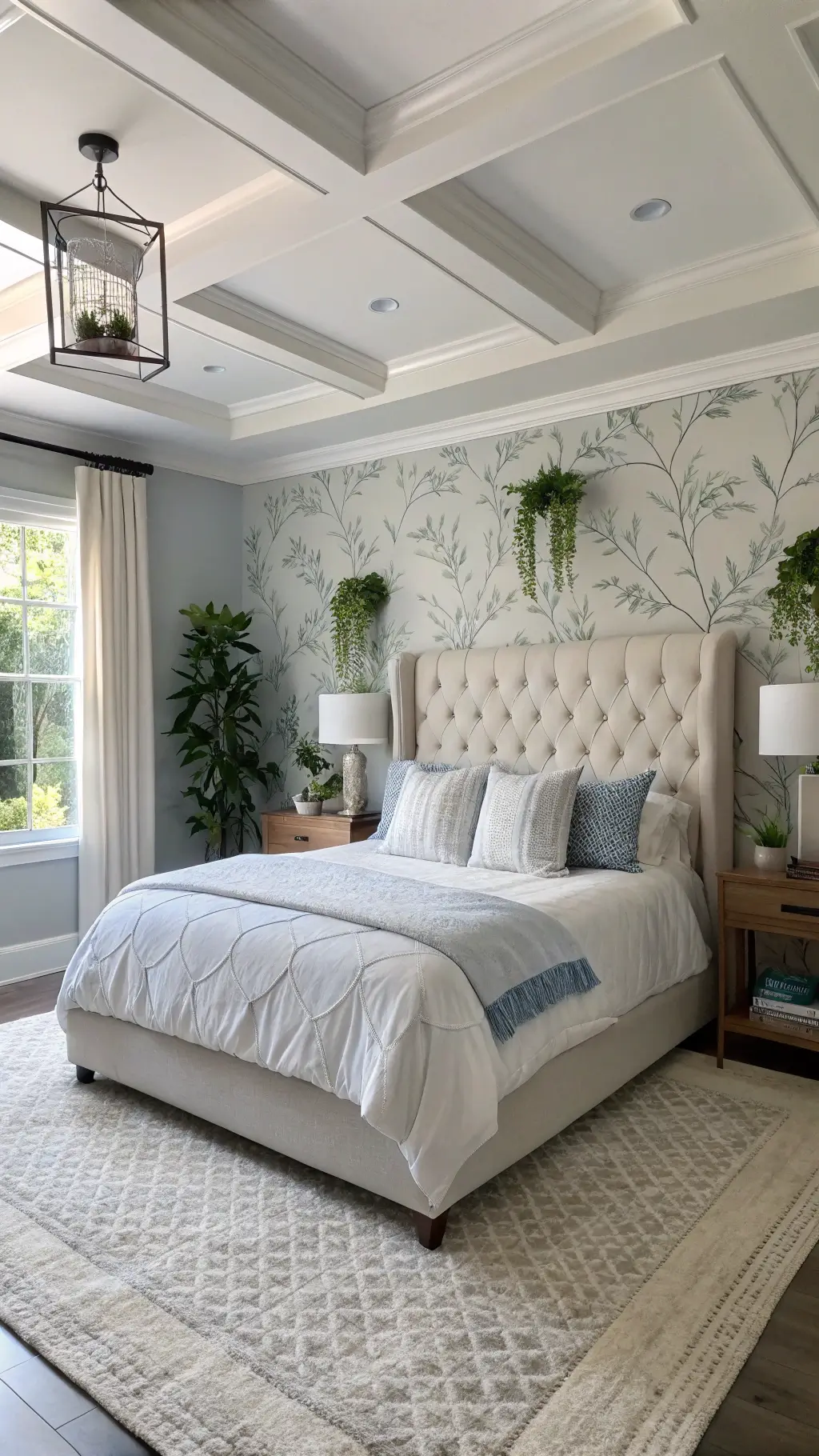 Morning sunrise illuminating a master bedroom with tray ceiling, botanical wallpaper, and plush ivory bed with rumpled white and pale blue linens.