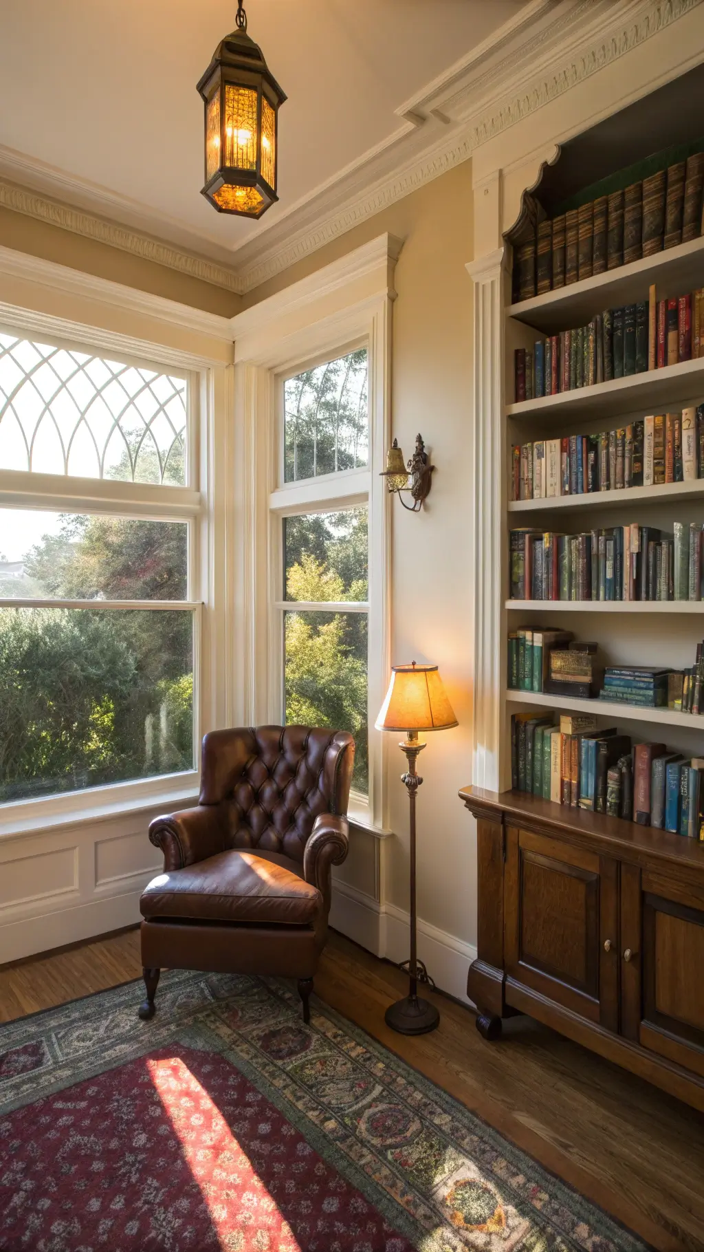 Sunlit Victorian-style library nook with tall windows, built-in bookshelves, vintage leather chair, brass lamp, and Persian rug.