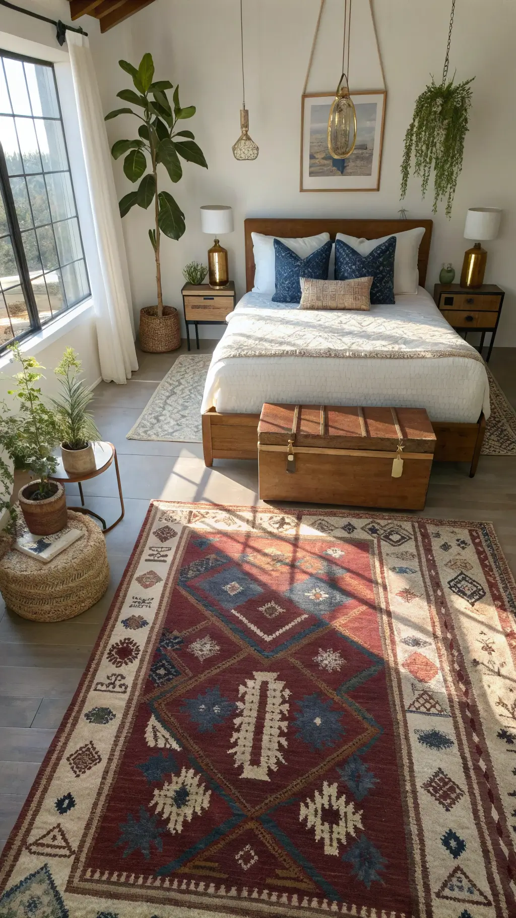 Overhead view of a boho-themed 12x14ft bedroom with a combination of natural sisal and vintage kilim rugs, a central platform bed, brass side tables, and Moroccan leather accent pieces.