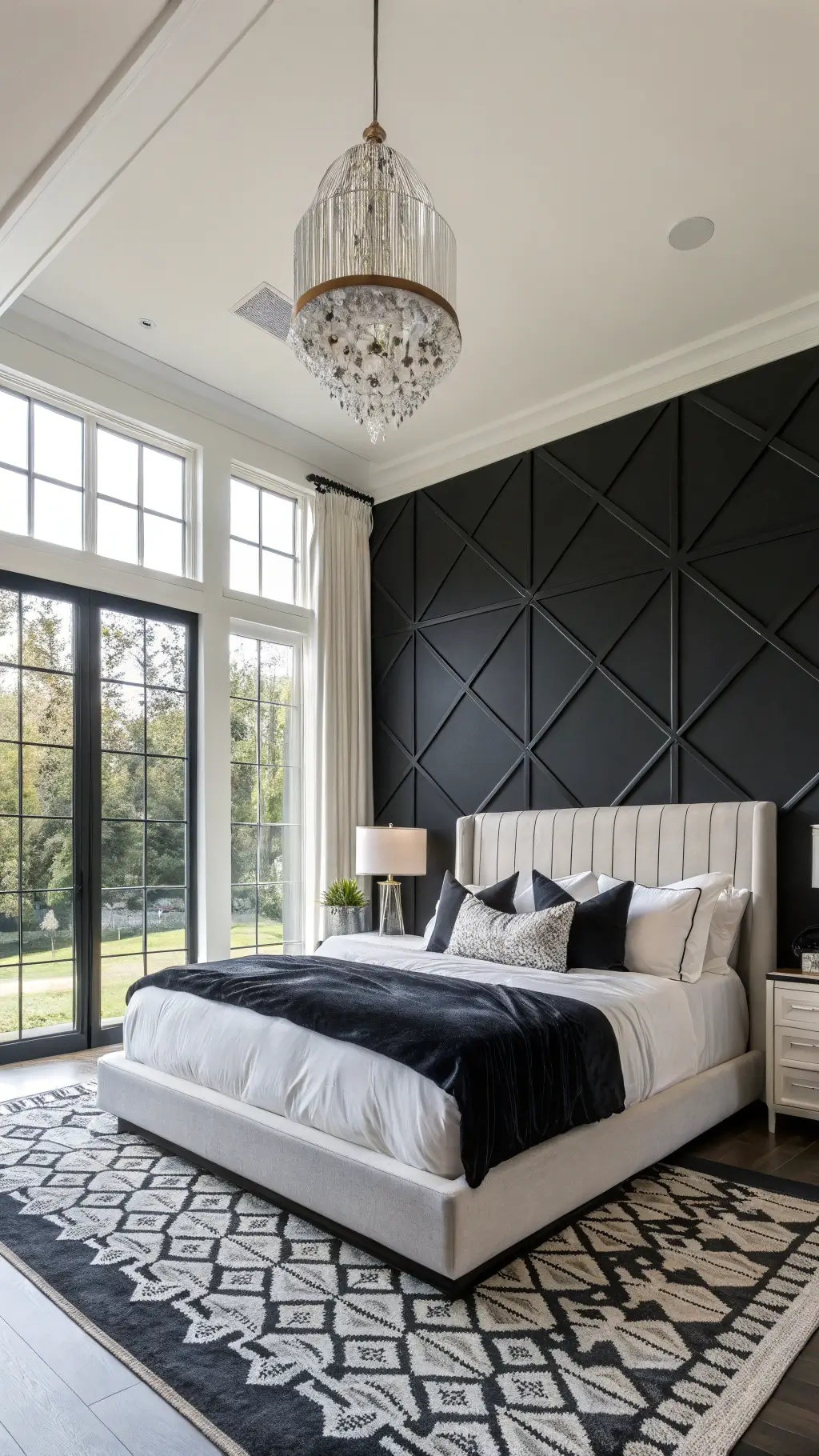 Modern, sophisticated bedroom with king-sized bed, black geometric accent wall, floor-to-ceiling windows with morning light, and high-pile ivory rug with black pattern.