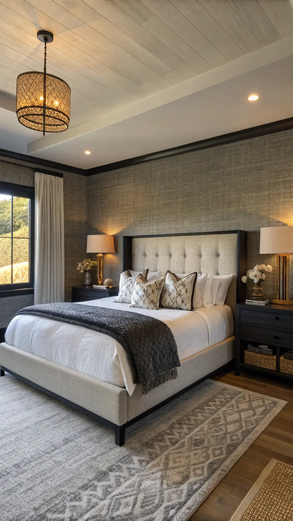 Luxe master suite with charcoal grey grasscloth wallpaper, black marble side tables, and white bouclé upholstered wingback headboard, enhanced by warm golden hour glow and dramatic side lighting.