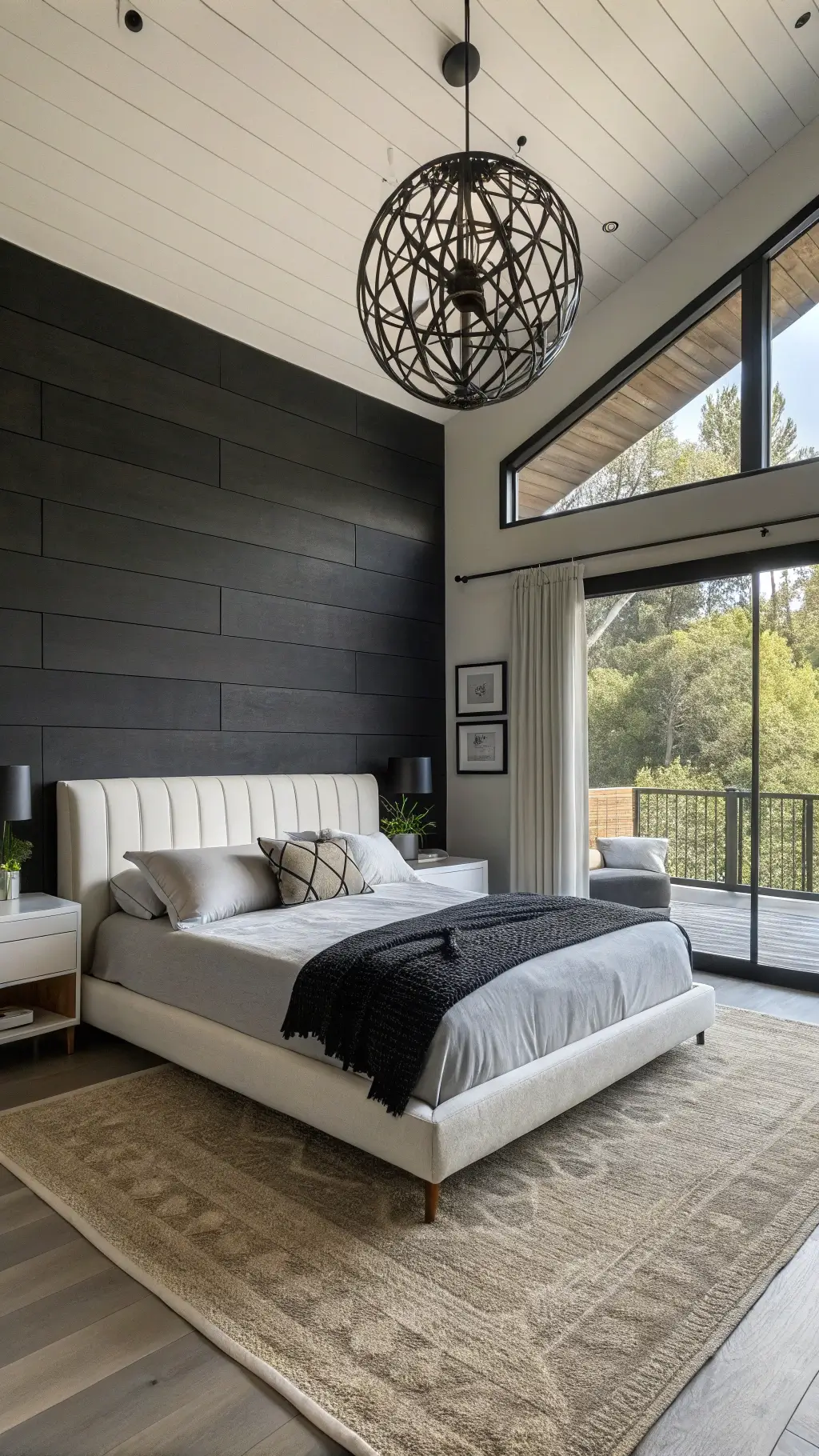 Urban sophisticated 12'x14' contemporary bedroom with afternoon light featuring a matte black shiplap wall, floating platform bed, white ultra-suede headboard, charcoal linen bedding, chrome accents, a sculptural black metal pendant creating intricate shadows, layered jute and wool rugs, photographed from doorway with wide-angle lens combining natural and accent lighting at f/11 balanced exposure.