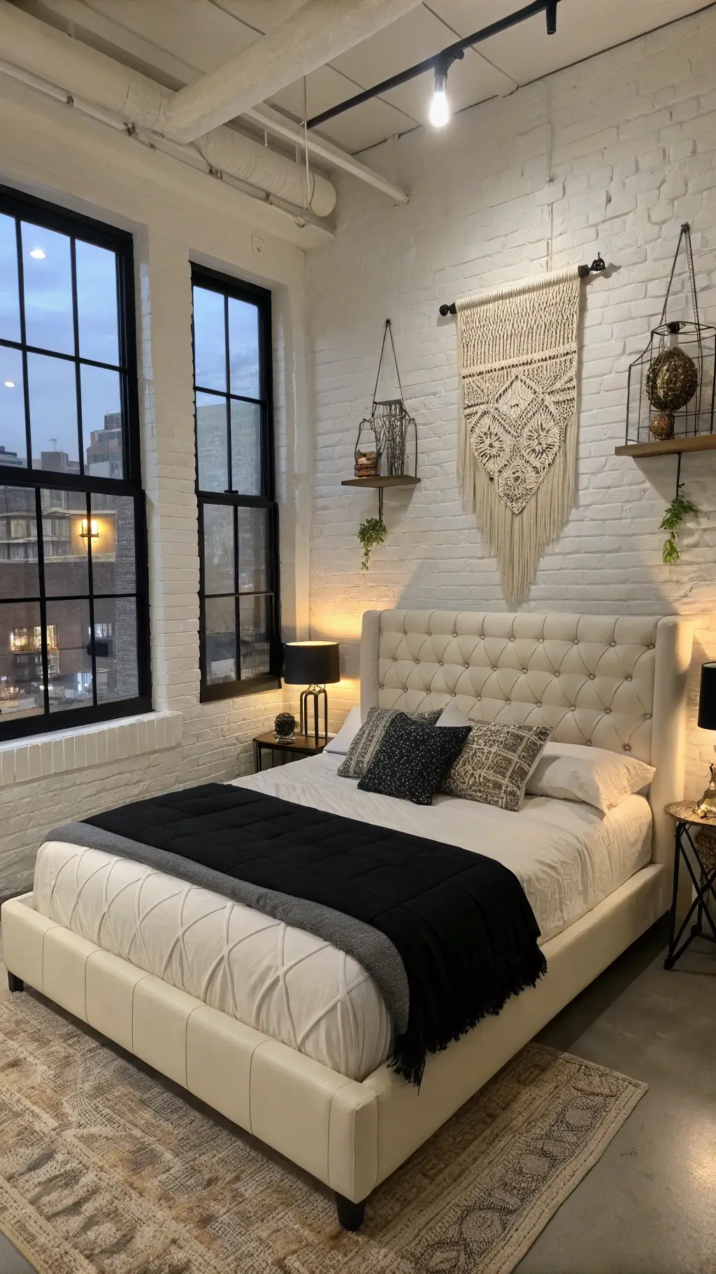 Artistic elegance in a guest bedroom with white brick accent wall, industrial windows, ivory leather bed with black bedding, macramé wall hanging and textured ceramic vessels under atmospheric dusk lighting.
