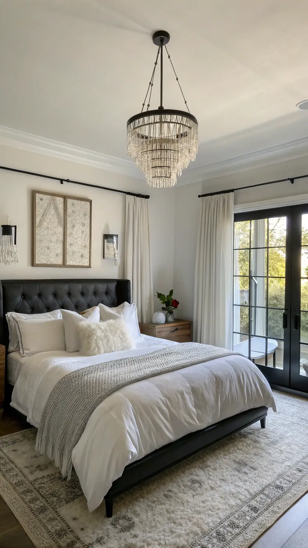 Luxurious primary bedroom with floor-to-ceiling white curtains, a California king bed with black leather headboard, white linen duvet, faux fur throws, crystal chandelier, mirrored nightstands, and abstract black and white artwork, filled with mid-morning light.