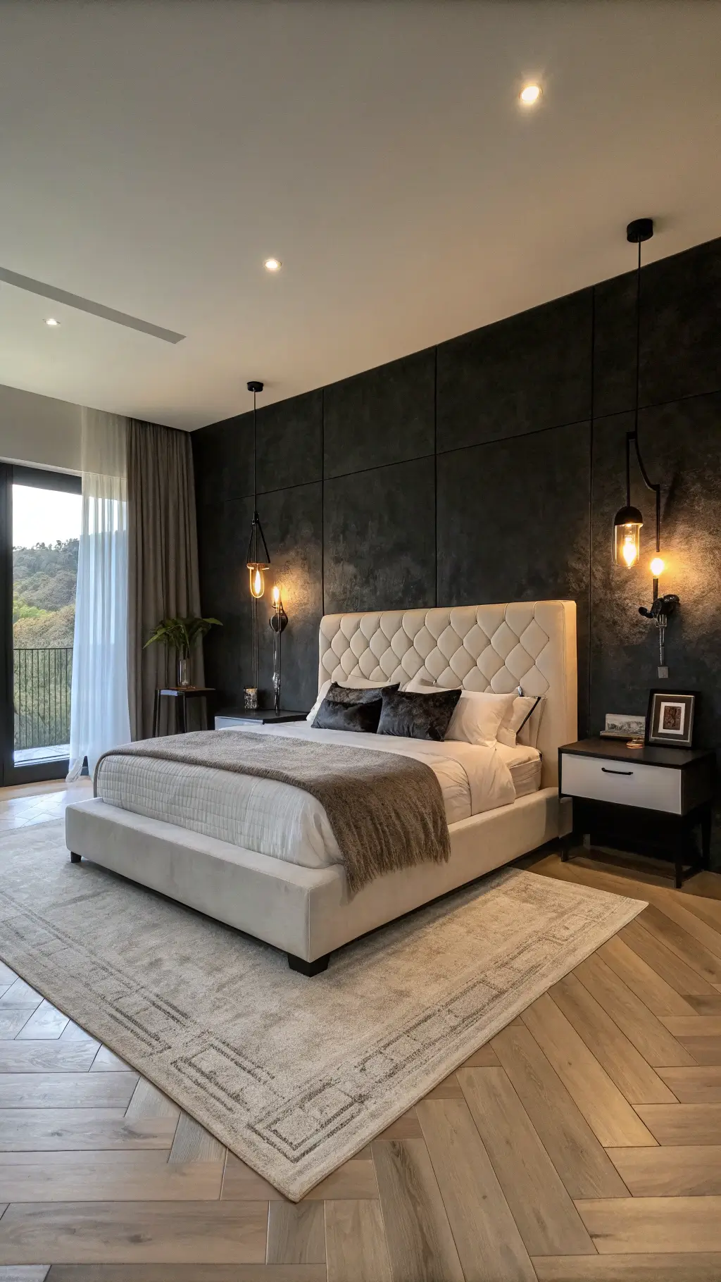 Intimate modern studio bedroom with black venetian plaster walls, white oak herringbone floors, floating nightstands, white bouclé bench and black metal reading lamps in a dramatic spotlight effect and dramatic shadows, shot at a Dutch angle.