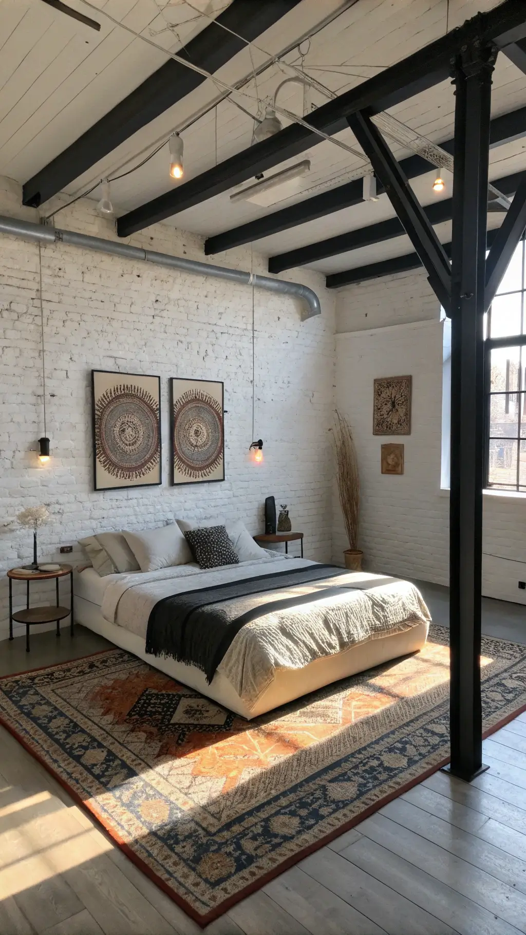 Loft bedroom with white exposed brick, black steel beams, low-profile bed and vintage Moroccan rug, adorned with mixed-material art installations and ceramic sculptures, bathed in early morning light with high contrast rim light effect, showcasing industrial chic vibes