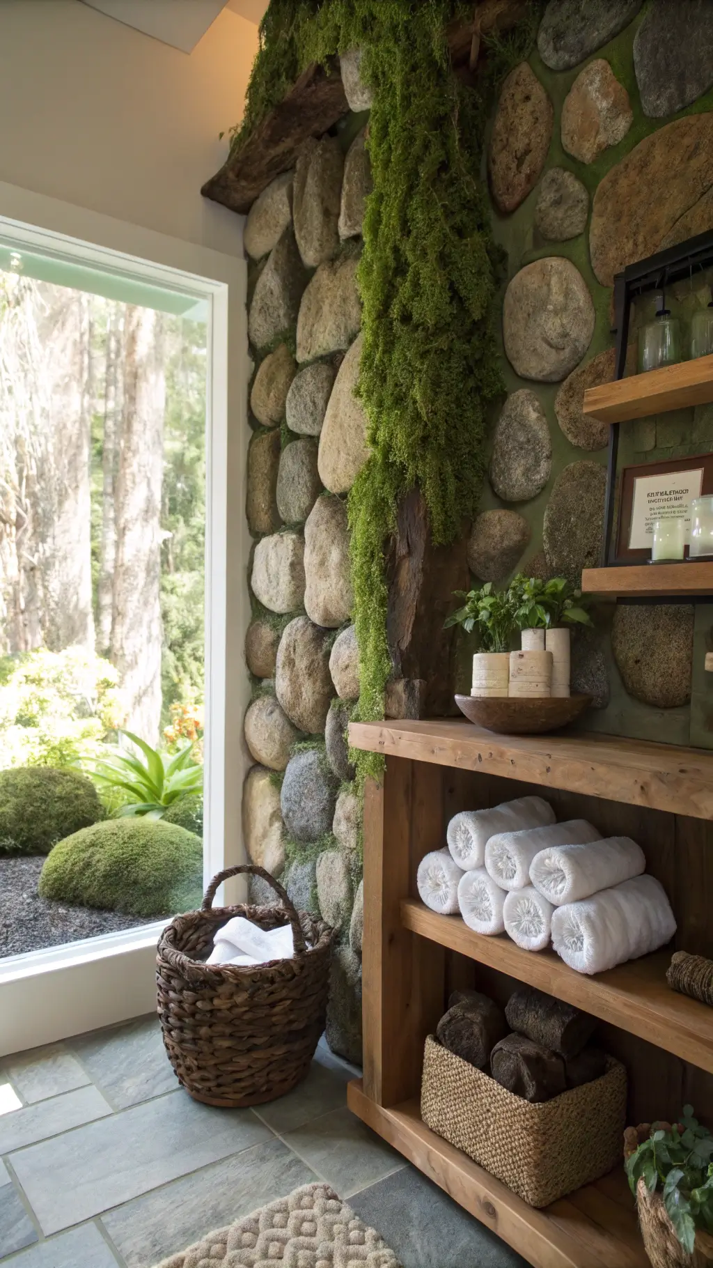 Diagonal angle view of a 4x4ft accent corner with floor-to-ceiling river rock wall, living moss, reclaimed wooden shelf holding natural objects and ceramics, and basket with rolled towels in morning light.