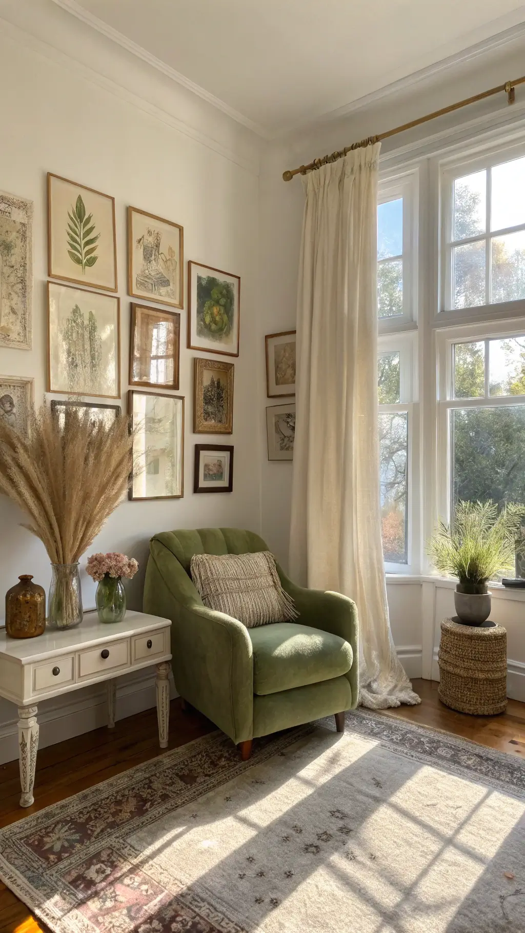 A sunlit living room with high ceilings, large bay windows draped with sheer linen curtains, a gallery wall of vintage botanical prints, a sage green velvet armchair with a knit throw, and dried lavender and wheat in ceramic vases on a distressed white table.