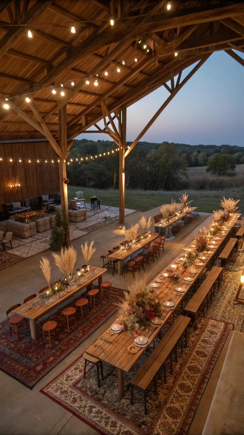 Overhead view of a 40x60ft barn conversion reception space at dusk, featuring hand-dyed runners on long farm tables, brass candleholders, dried pampas grass and wild flowers installation hovering above, vintage rugs, low-slung leather seating, warm uplighting on wooden beams, and a color scheme in earth tones with touches of terracotta and sage.