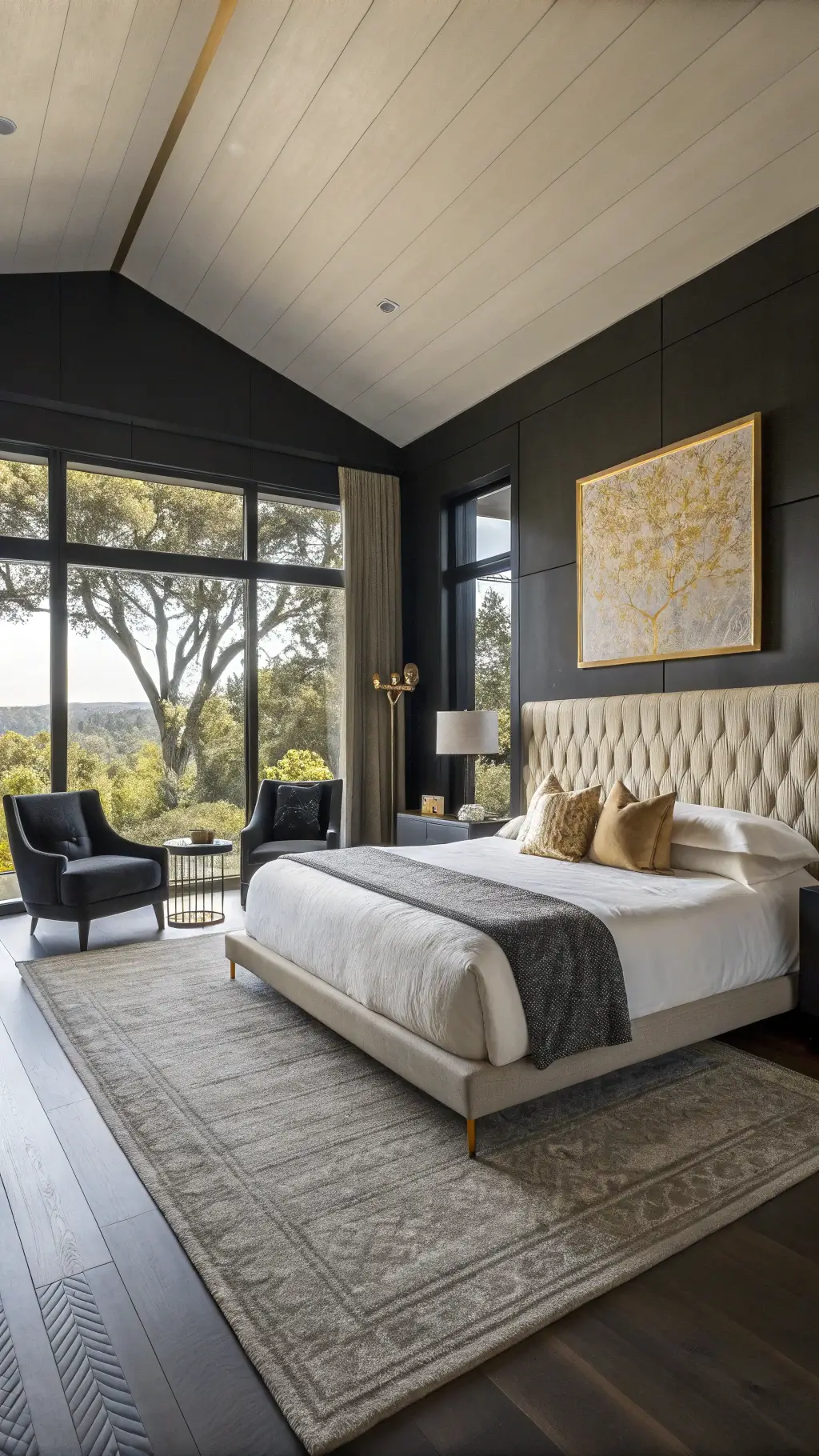 Sunrise-lit sophisticated 16x18ft primary bedroom with black walls, California king bed, abstract art, leather chairs, brass shelves, and a wool rug.