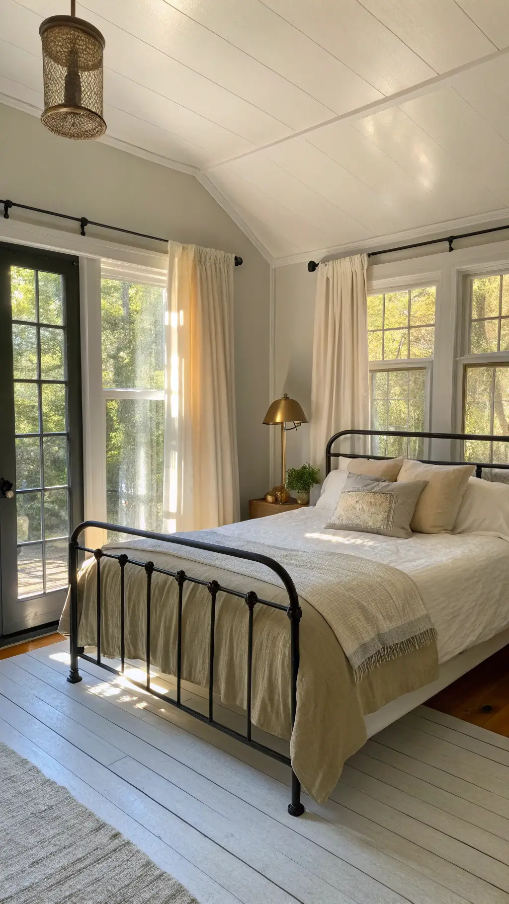 Mid-century modern bedroom bathed in golden hour light, with a wrought iron bed, cream linen bedding, sage pillows, and a brass floor lamp, contrasting with dove gray walls and whitewashed wooden floors.