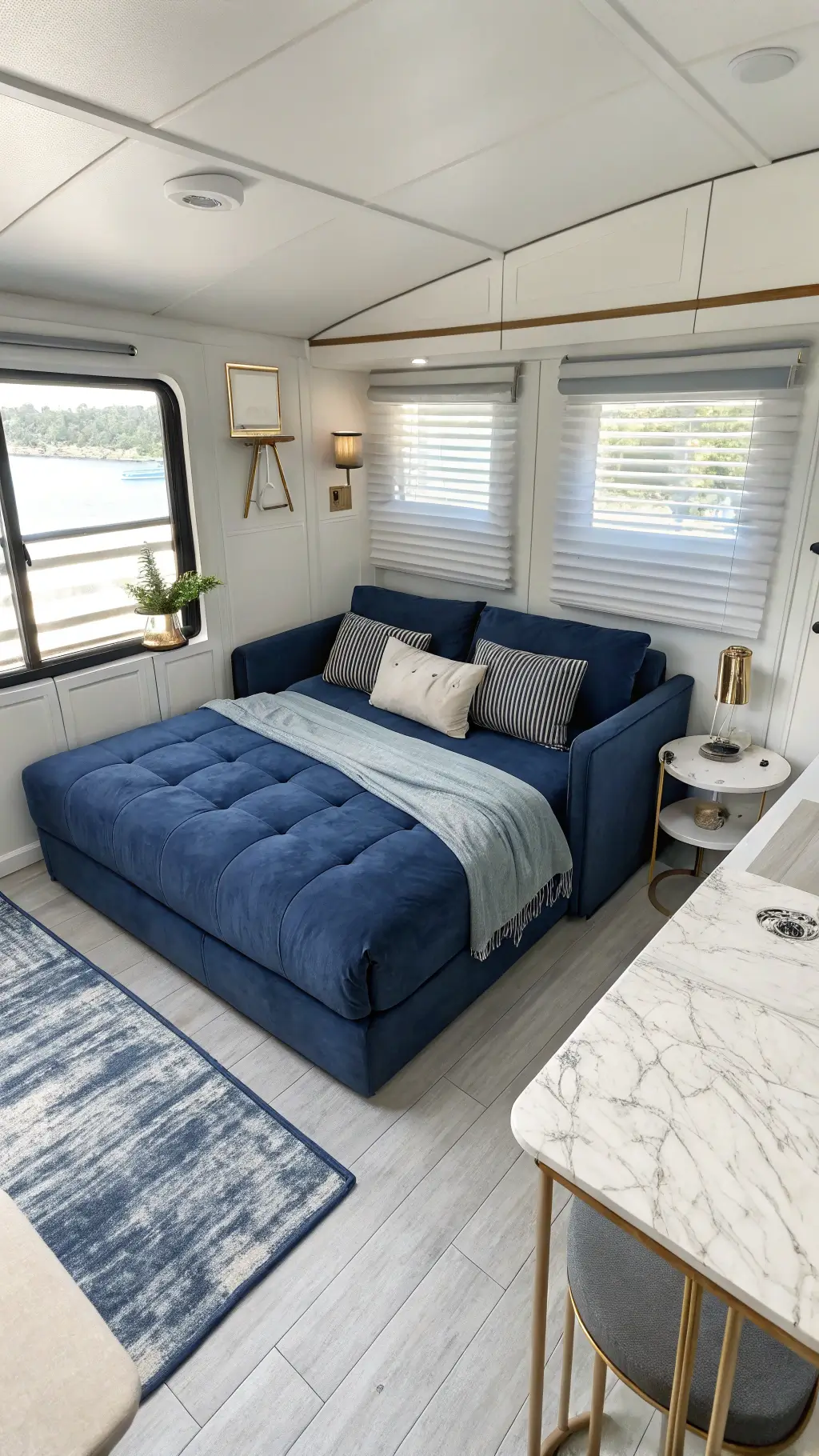 High-angle view of a bright 10x12ft modern cabin bedroom with a slate blue convertible sofa bed, brass and marble nesting side tables, and large windows with automated sheer blinds at midday.