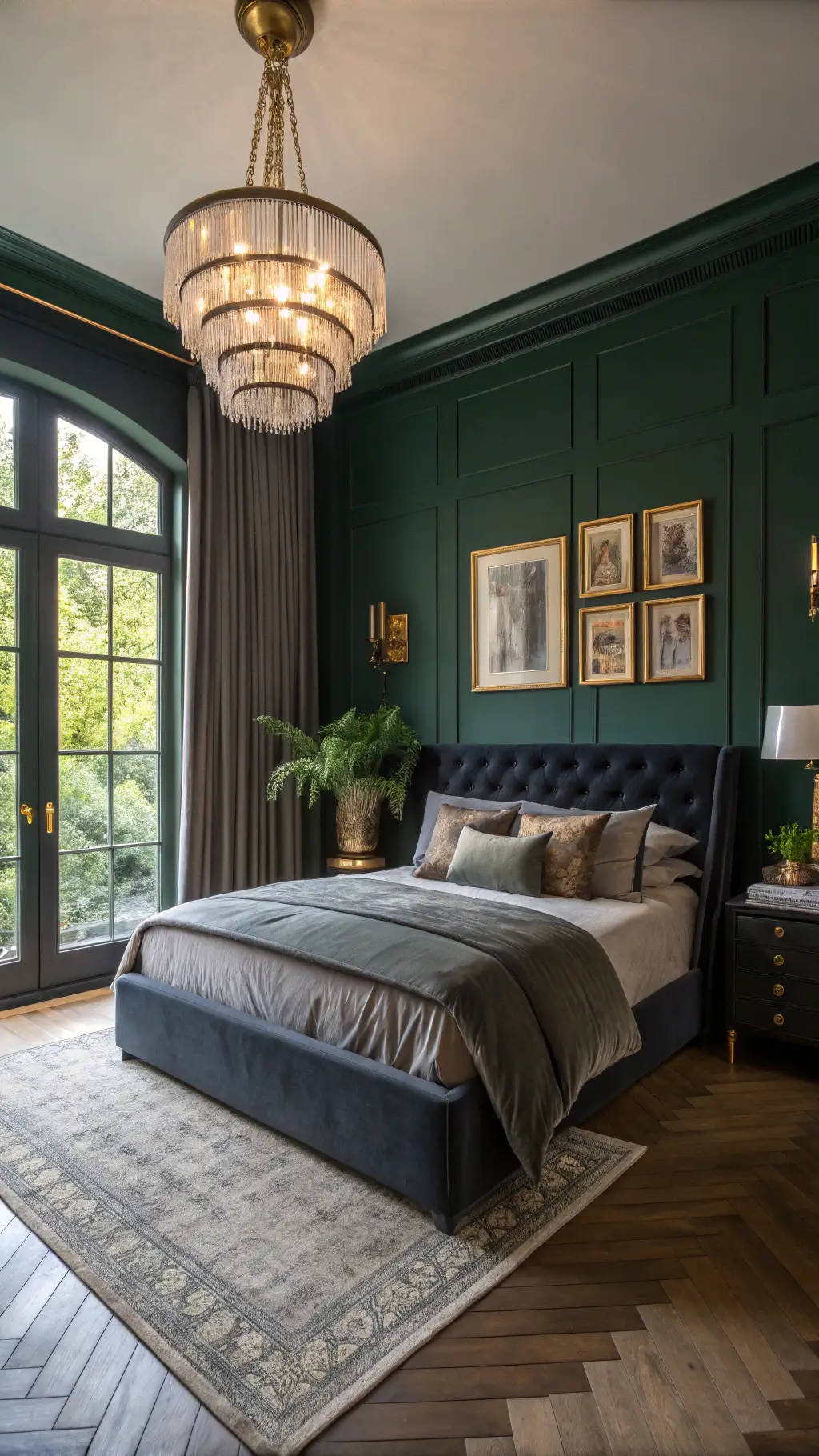 Luxurious master bedroom with forest green walls, charcoal drapes, a king-size bed with midnight blue linens, and a botanical gallery wall, bathed in golden late afternoon light.