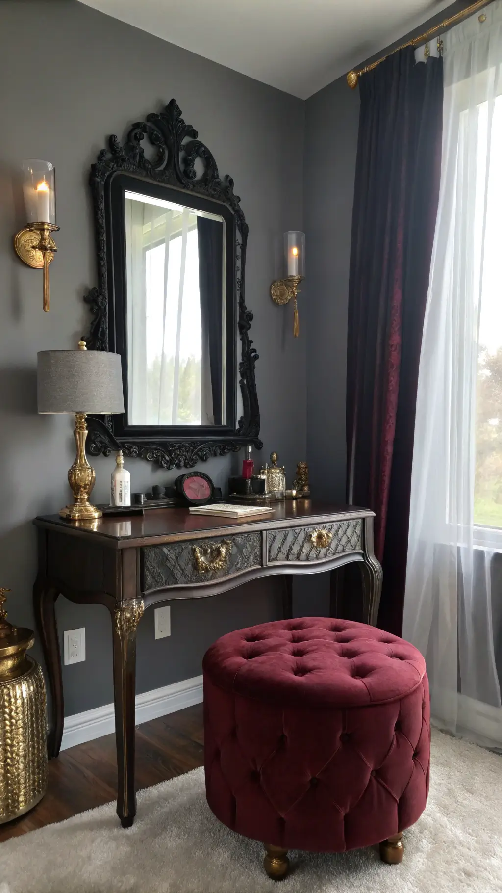 Dramatic bedroom vanity scene with smoky gray walls, black-framed mirror, brass sconces, burgundy velvet stool, mahogany vanity, and crystal perfume bottles in morning light