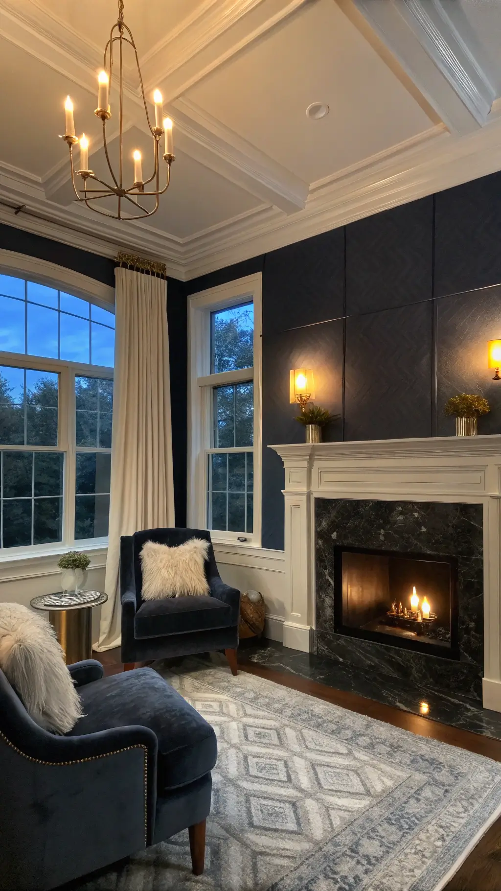 Elegant master bedroom sitting area featuring navy grasscloth walls, charcoal velvet wingback chairs, and a black marble fireplace under a warm, candle-lit mantle, adorned with faux fur throws and metallic pillows. Captured in full architectural context at dusk.