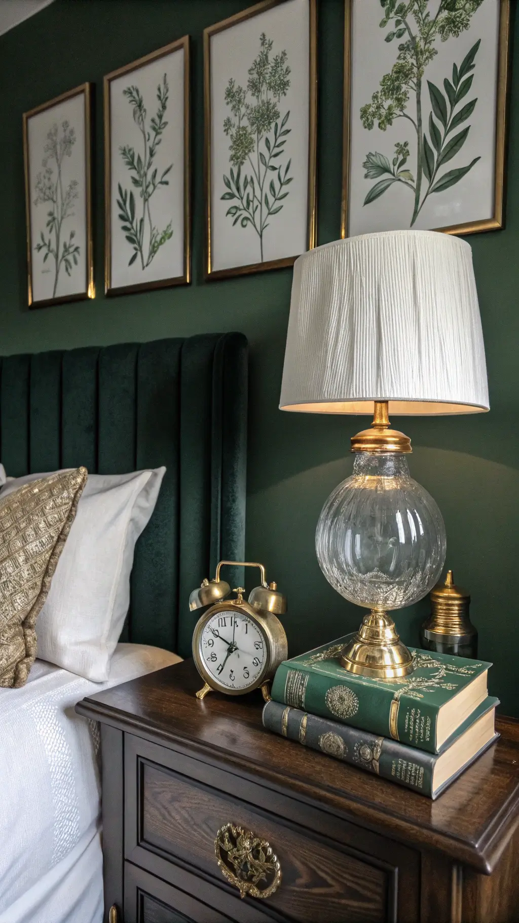 Vintage-inspired bedroom with dark green walls, wood nightstand with a mercury glass lamp and brass clock, leather-bound books, white linens with silver silk pillows, and black and white botanical prints in ornate frames.