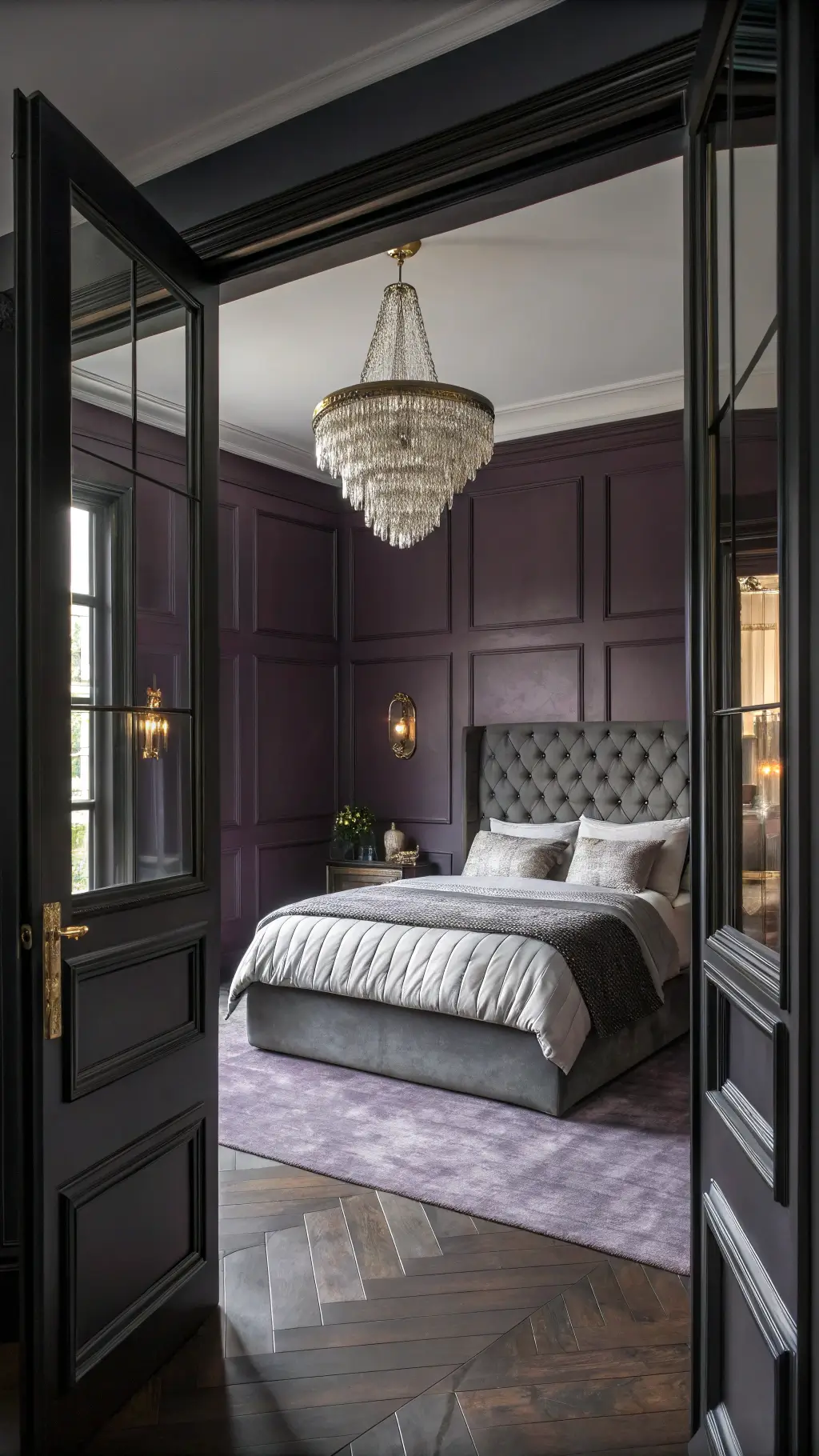 Dramatic entrance to luxurious 14x16ft bedroom suite with charcoal double doors, plum walls, dark herringbone floors, grey silken and velvet king bed, crystal chandelier, brass mirrors, shot from low angle emphasizing ceiling height with mixed lighting.
