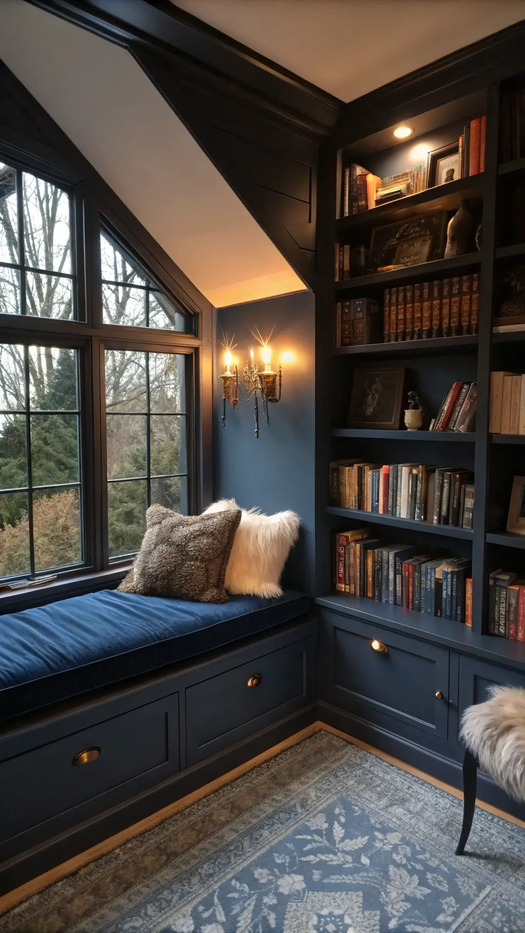 Twilight view of a cozy bedroom reading nook with a large window, built-in velvet bench, floor-to-ceiling bookshelves and warm lighting from brass sconces.