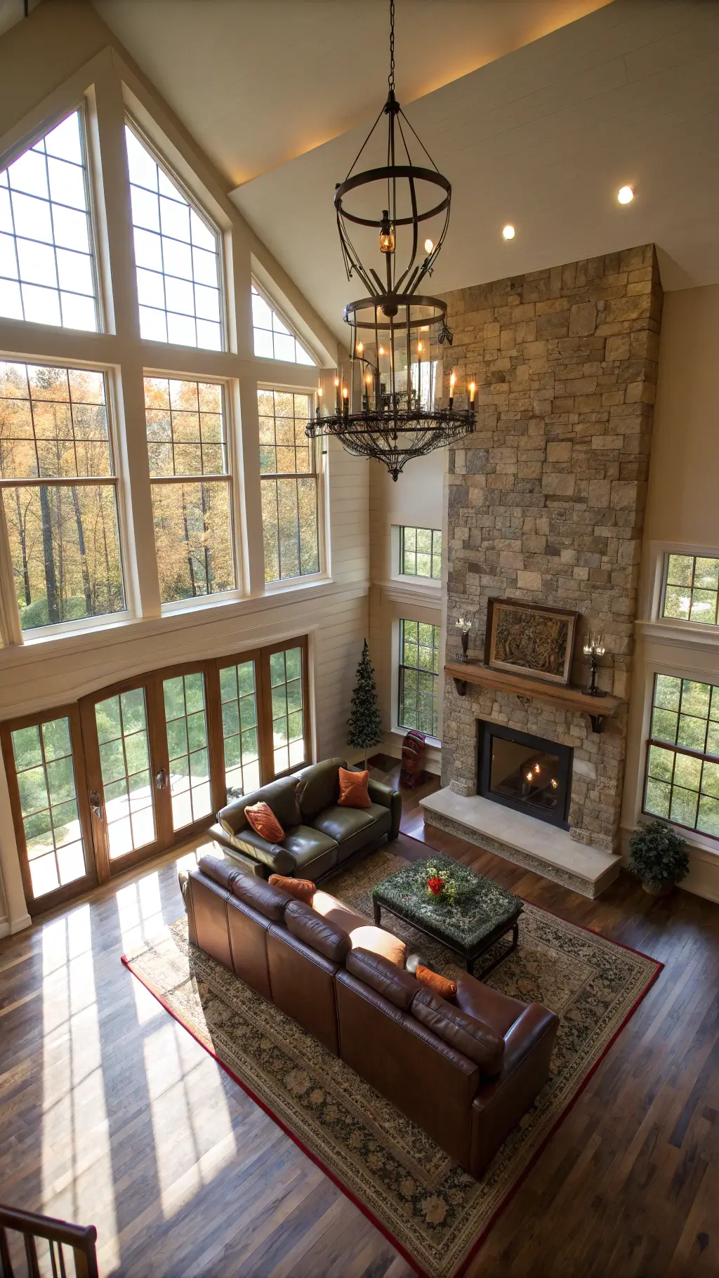 Elevated perspective of a majestic double-height great room with north-facing window wall, oak flooring, stone fireplace with timber mantel, brown leather sectional sofa, wrought iron chandelier and layered Navajo rugs, in an atmosphere of mixed lighting with dominant natural sunlight.