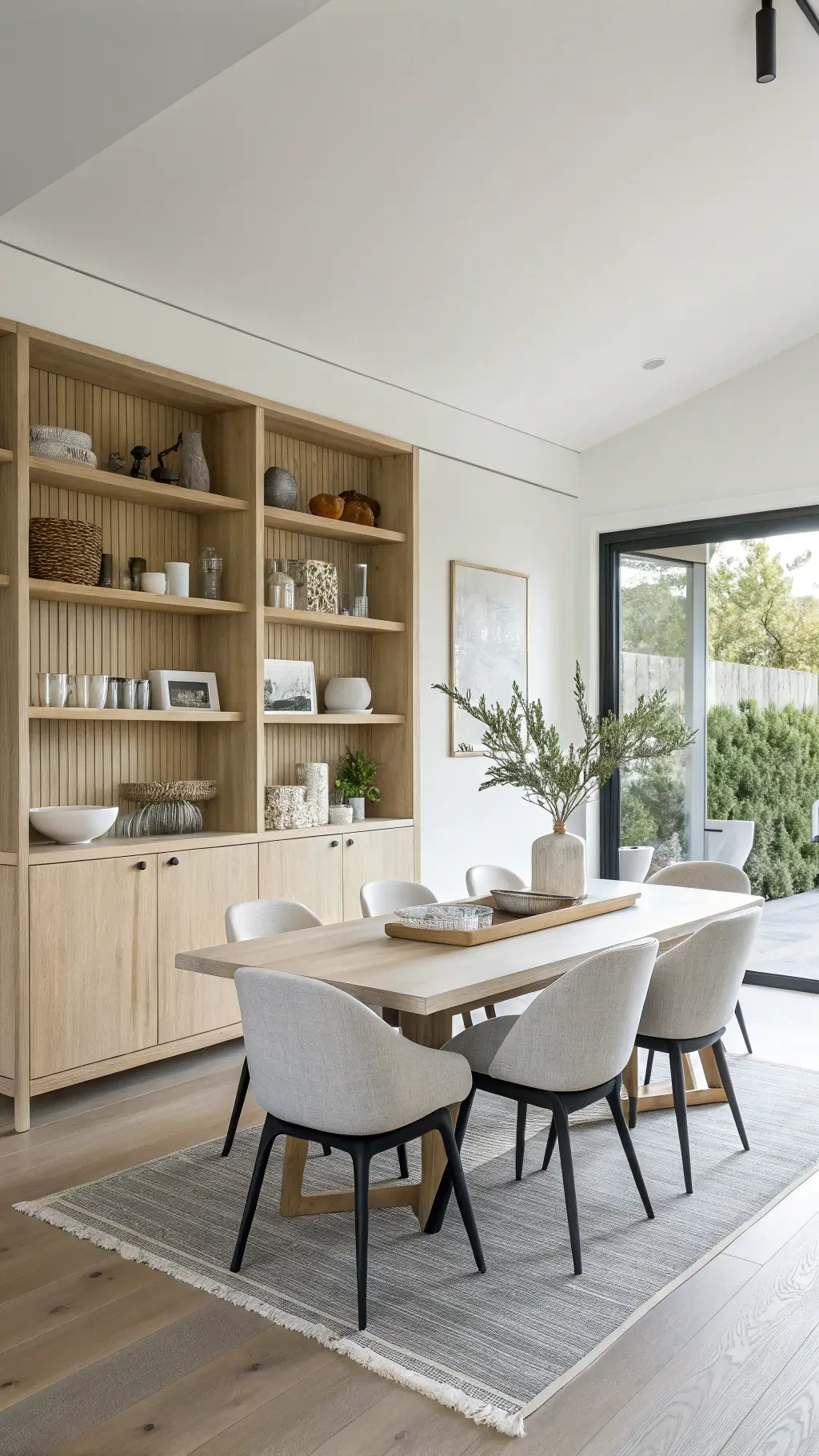 Bright, minimalist 16x18ft dining room with a floating Japandi shelf unit in pale ash wood, black oak dining table with six chairs, white ceramics and pampas grass decoration, shot from corner with natural lighting.